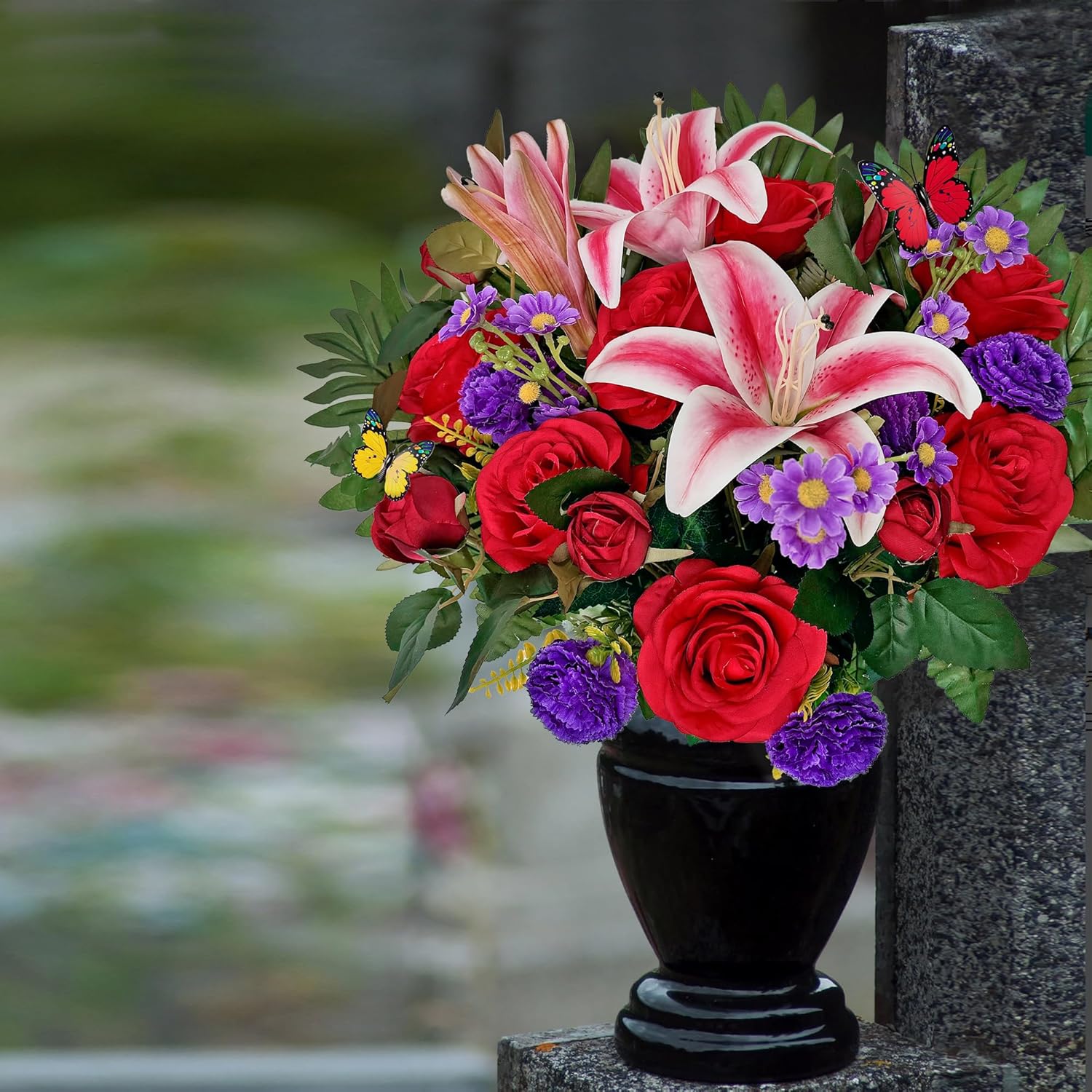 Artificial Cemetery Flower Bouquet, Grave Flower for Headstone Outdoor Decoration， Non-Fade and Easy Setup