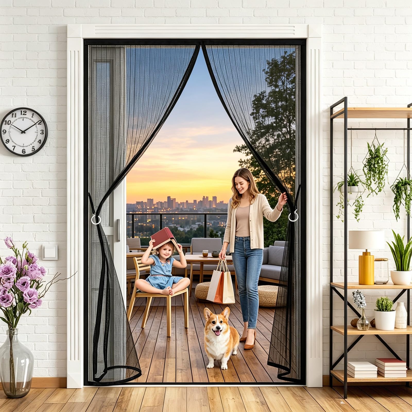 Fliegengitter Balkontür 143 x 220 cm Fliegenschutz Türen, Insektenschutz Balkon Tür, Fly Screen Door Magnetic Fliegenvorhang Balkontür Magnet für Schiebetür Und Wohnzimmer, Schwarz