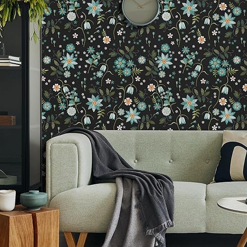Miniatura 7 de VaryPaper Papel tapiz floral negro de 17.7 x 78.7 pulgadas, diseño de copos de nieve y flores, papel tapiz autoadhesivo extraíble, papel de contacto