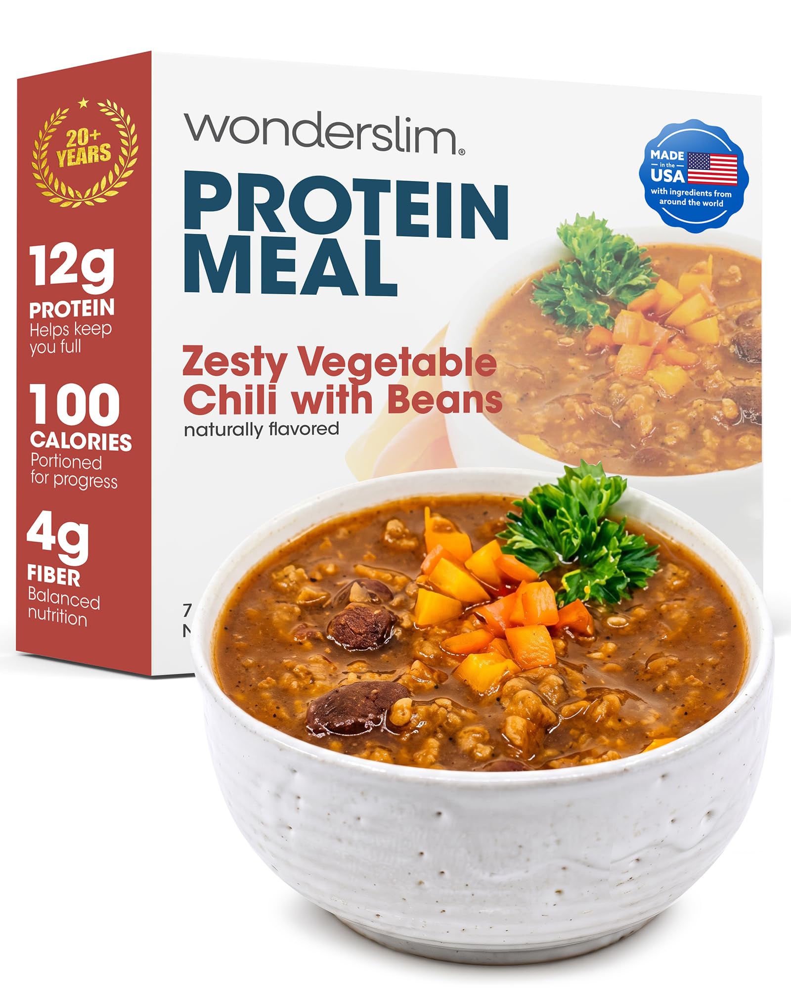 Wonderslim High Protein Meal – 7 Servings (Zesty Vegetable Chili w/Beans) | 12g Plant-Based Protein, 4g Fiber, 100 Calories, 0g Cholesterol, Low-Carb, Low Sugar, Gluten-Free, Vegetarian Friendly Meal