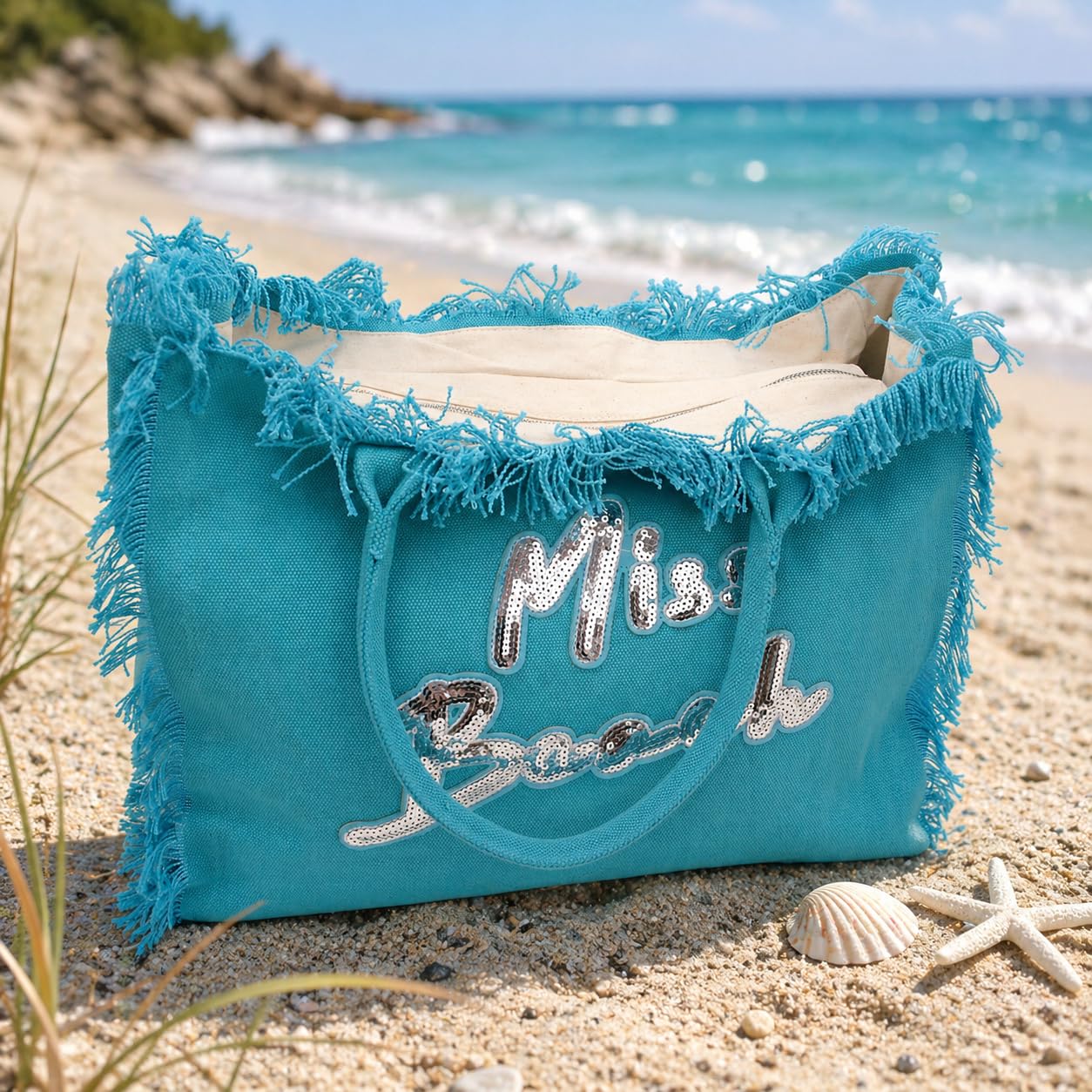 Borsa da Spiaggia Con Chiusura Zip per Vacanze - 29 o 17 Litri di Volume - Borsa Mare, da Picnic e a Tracolla in Tela