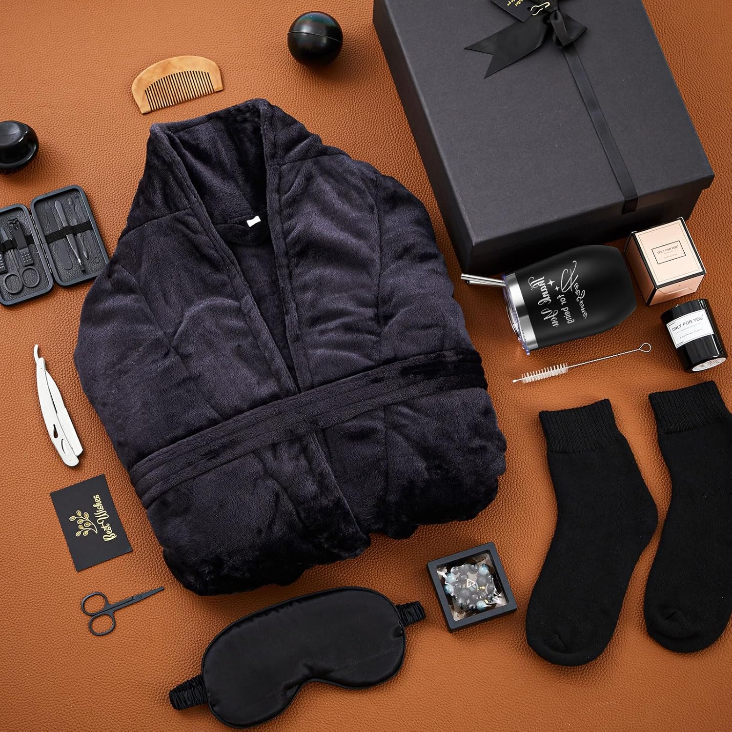 Nuogo 15 Pcs Birthday Gifts for Men Beard Care Set for Him Valentine's Day Gifts Basket Ideas Kit for Men Tumbler Bath Robe for Dad Husband Boyfriend Box(Black) - Image 6
