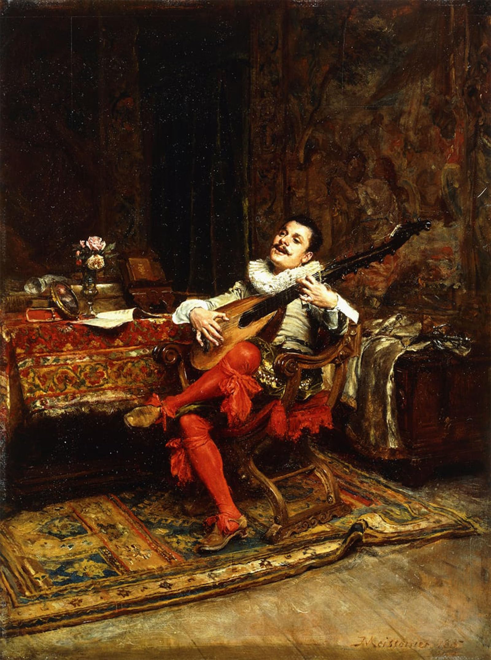 ARTXLXXBN Famous Painting Canvas Artwork Graffiti Print the Lute Player by Jean Louis Ernest Meissonier Portrait Canvas Image for Home Decor 60x90cm