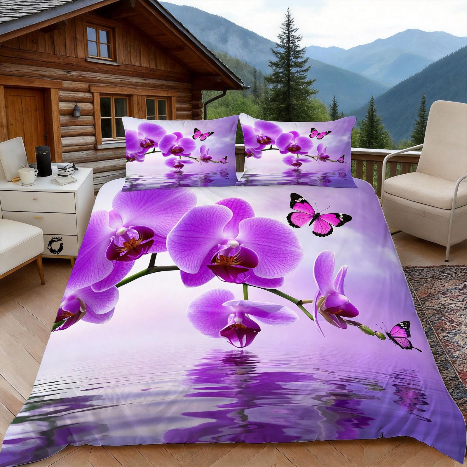 Housse de couette 220x240 orchidée anti-glissement avec taies d'oreiller zippées