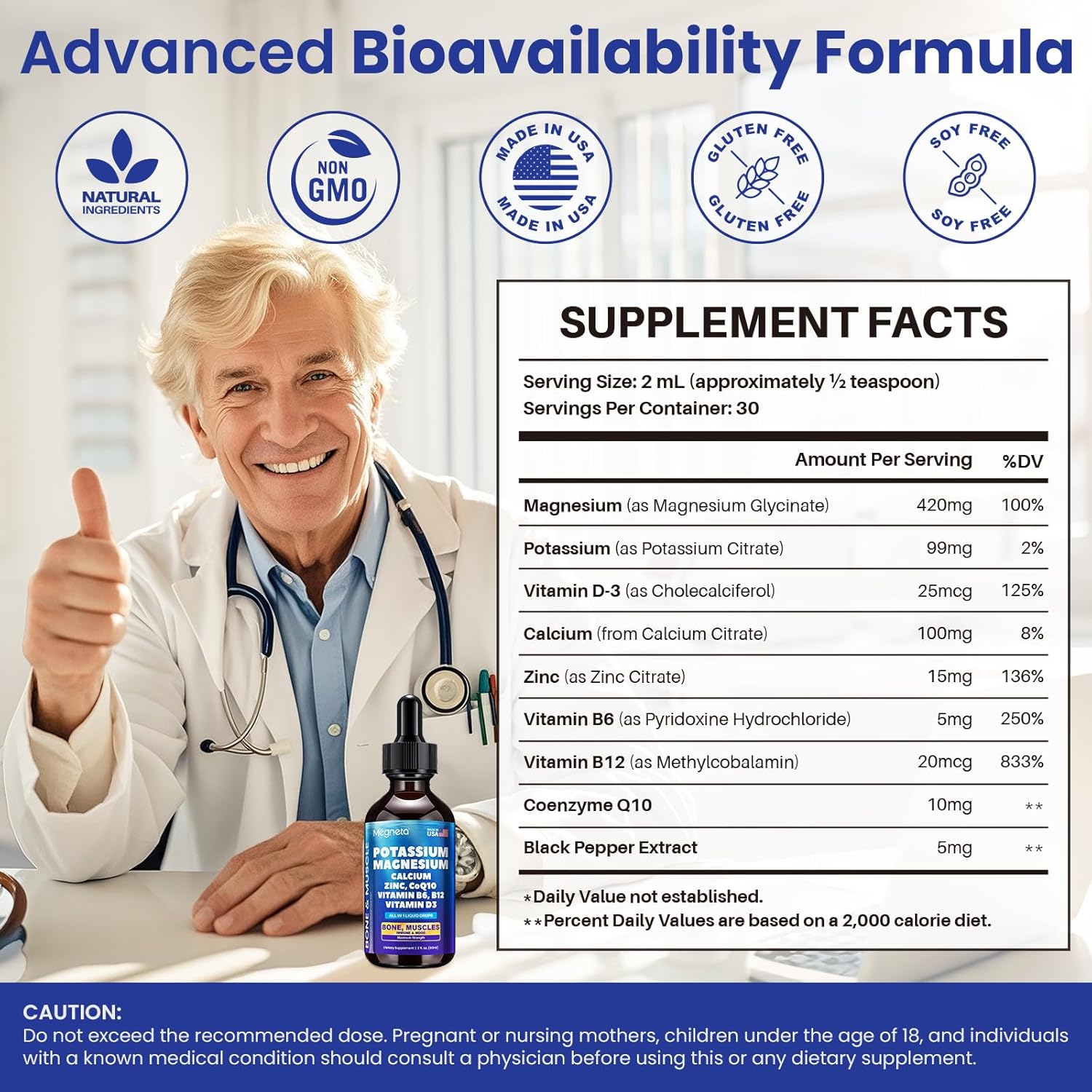 Potassium Magnesium Calcium Zinc Liquid Complex – Chelated Minerals with D3, B6, B12 & CoQ10 for Superior Absorption, Heart, Bone, Muscle, Sleep & Anti-Aging Support, 2 Fl Oz(60ml)