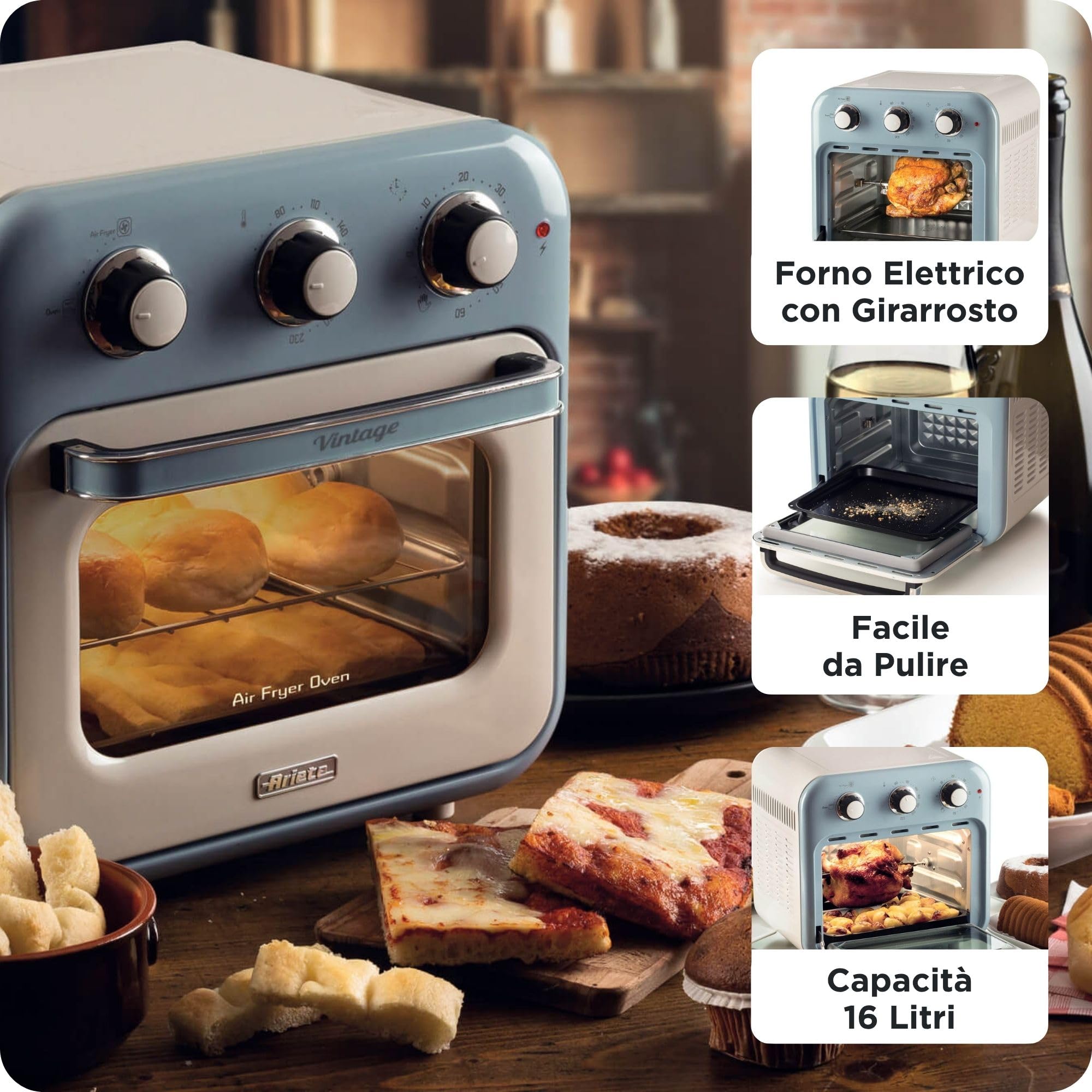 Ariete 4632 - Freidora de aire y horno (1400 W, 2 en 1, capacidad 16L, accesorios incluidos, temporizador de 60 minutos, doble cristal, azul claro