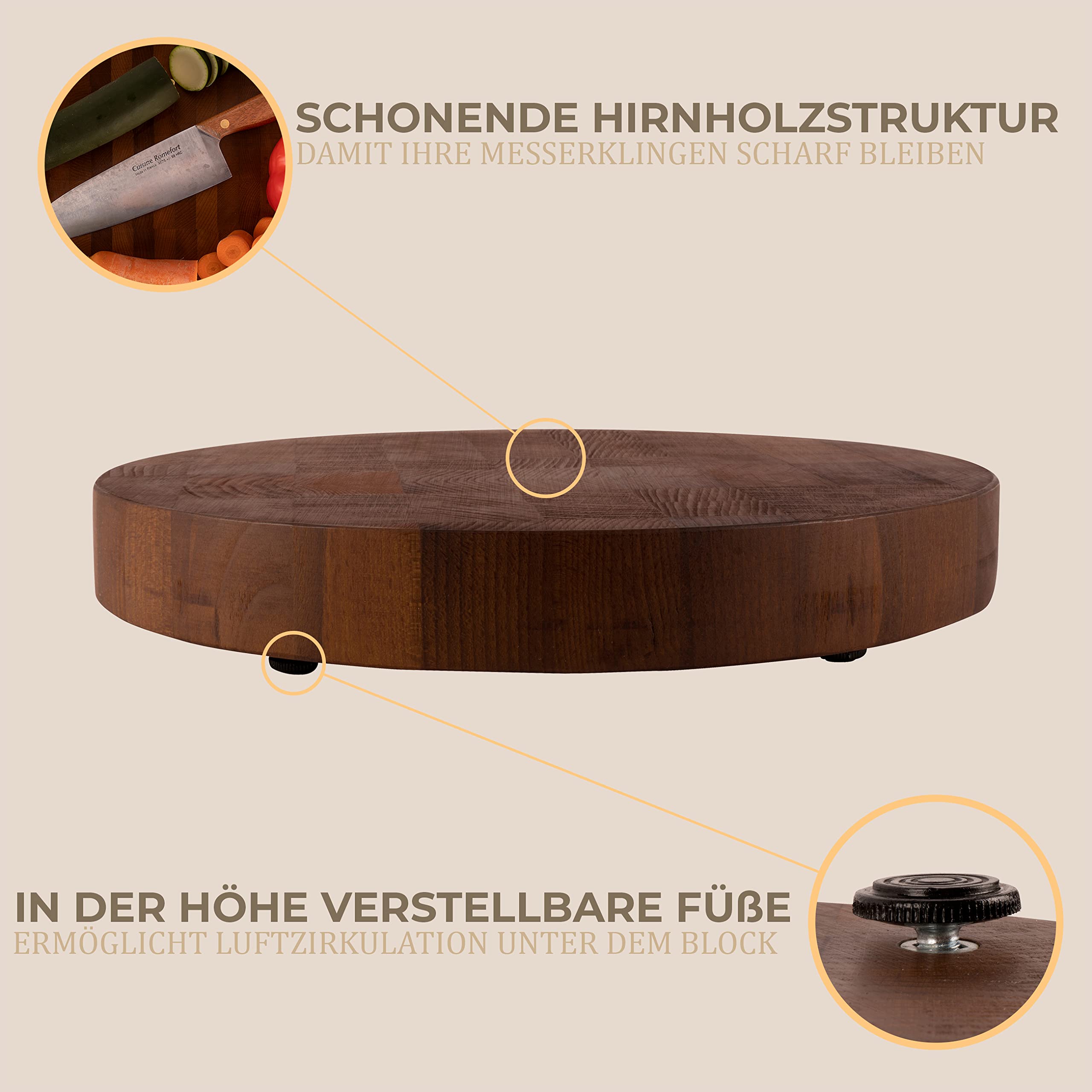 Runder Hackblock aus Thermobuche Stirnholz | Massives Schneidebrett | Holz Geölt (L | 40 x 5 cm)