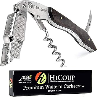 Hicoup Wine Opener - Professional Corkscrews for Wine Bottles w/Foil Cutter and Cap Remover - Manual Wine Key for Servers, Waiters, Bartenders and Home Use - Stainless Steel w/Ying Yang Resin Inlay
