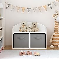KTRolster Kids Wooden Book Box with 2 Collapsible Fabric Drawers - Toddler Bookshelf, Toy Storage Organizer & Bench, White