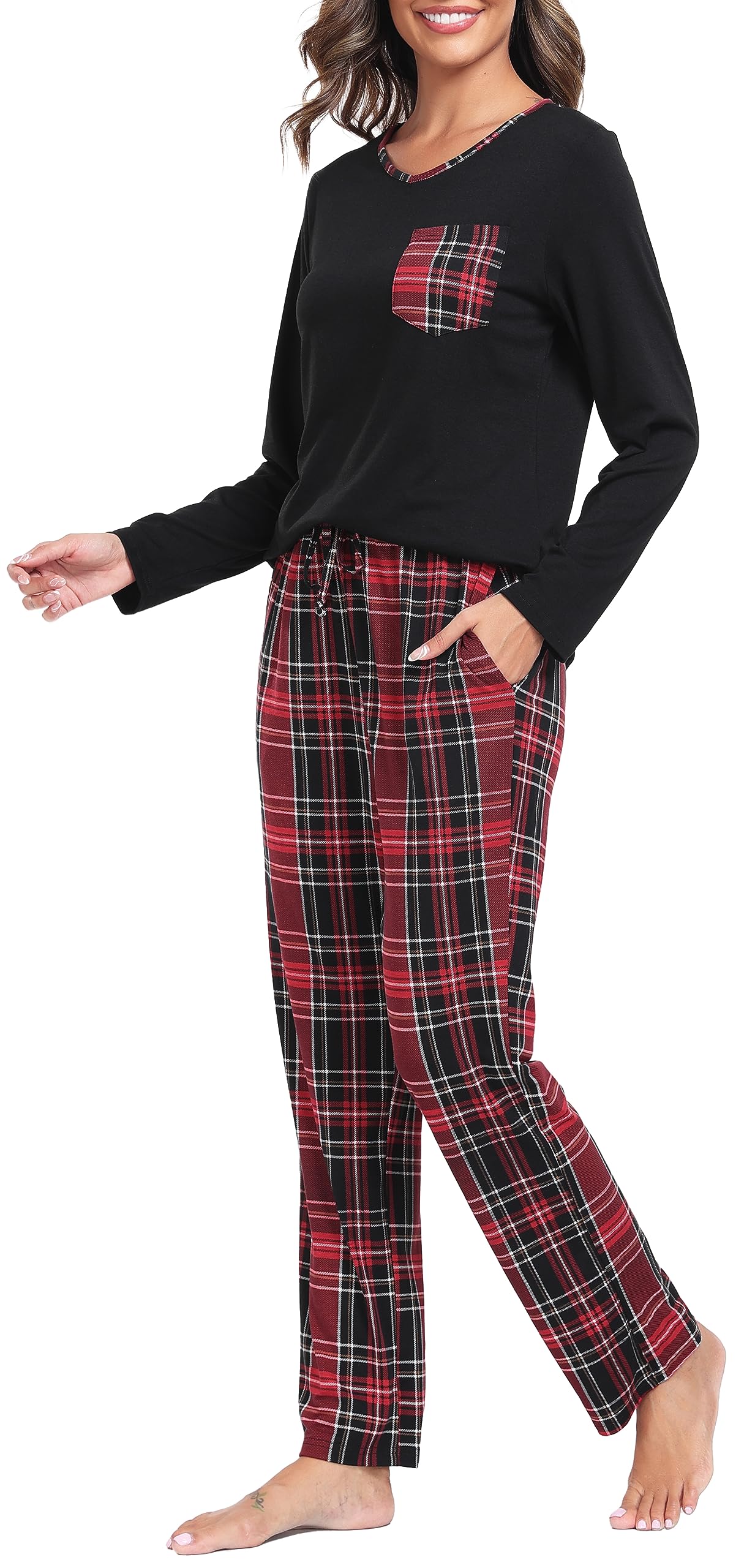 Lovasy Pigiama Donna Manica Lunga Pantaloni Lunghi Casual Scollo a V Top con Motivo a Pois Carino con Tasca Due Pezzi