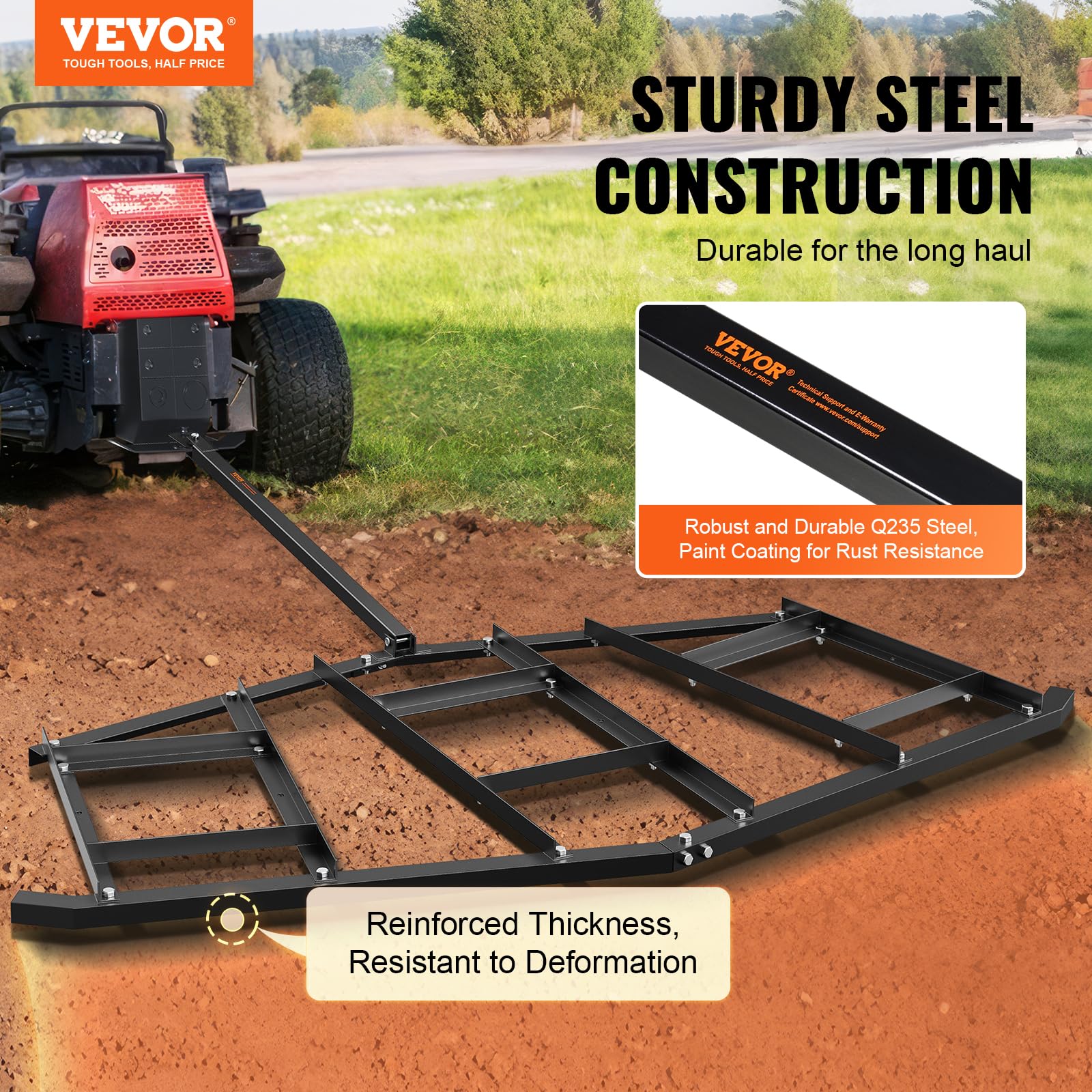 VEVOR Herse Traînée Niveleur d'Allée 2200 mm Niveleuse de Terre Agricole en Acier Q235 avec Barre Réglable Capacité de Charge 22,5 kg Outil de Nivellement pour VTT, UTV, Tracteur de Pelouse de Jardin