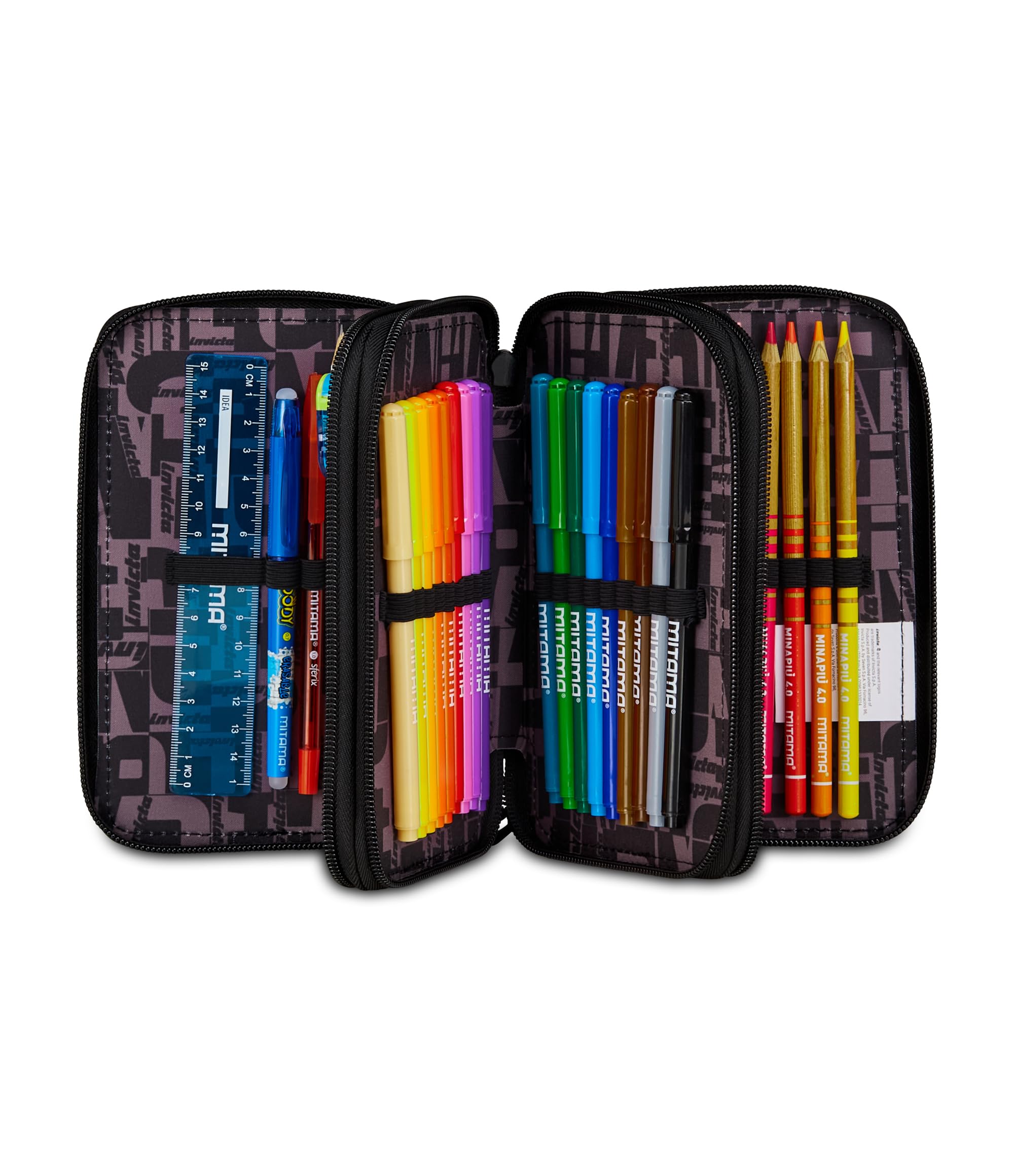 Invicta Astuccio Scuola 3 Zip Fantasy, Blu, Portapenne Triplo Scomparto Completo Di Penne, Matite, Colori, Accessori Zaino, Scuola Elementare, Bambina