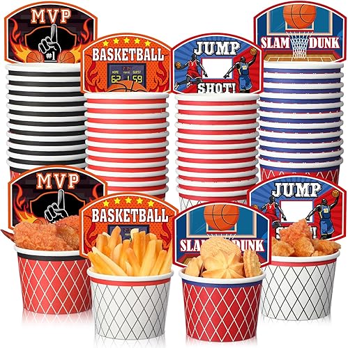 Dandat 96 tazas de aro de baloncesto para aperitivos, suministros para fiestas temáticas de baloncesto, vasos de papel desechables de baloncesto,