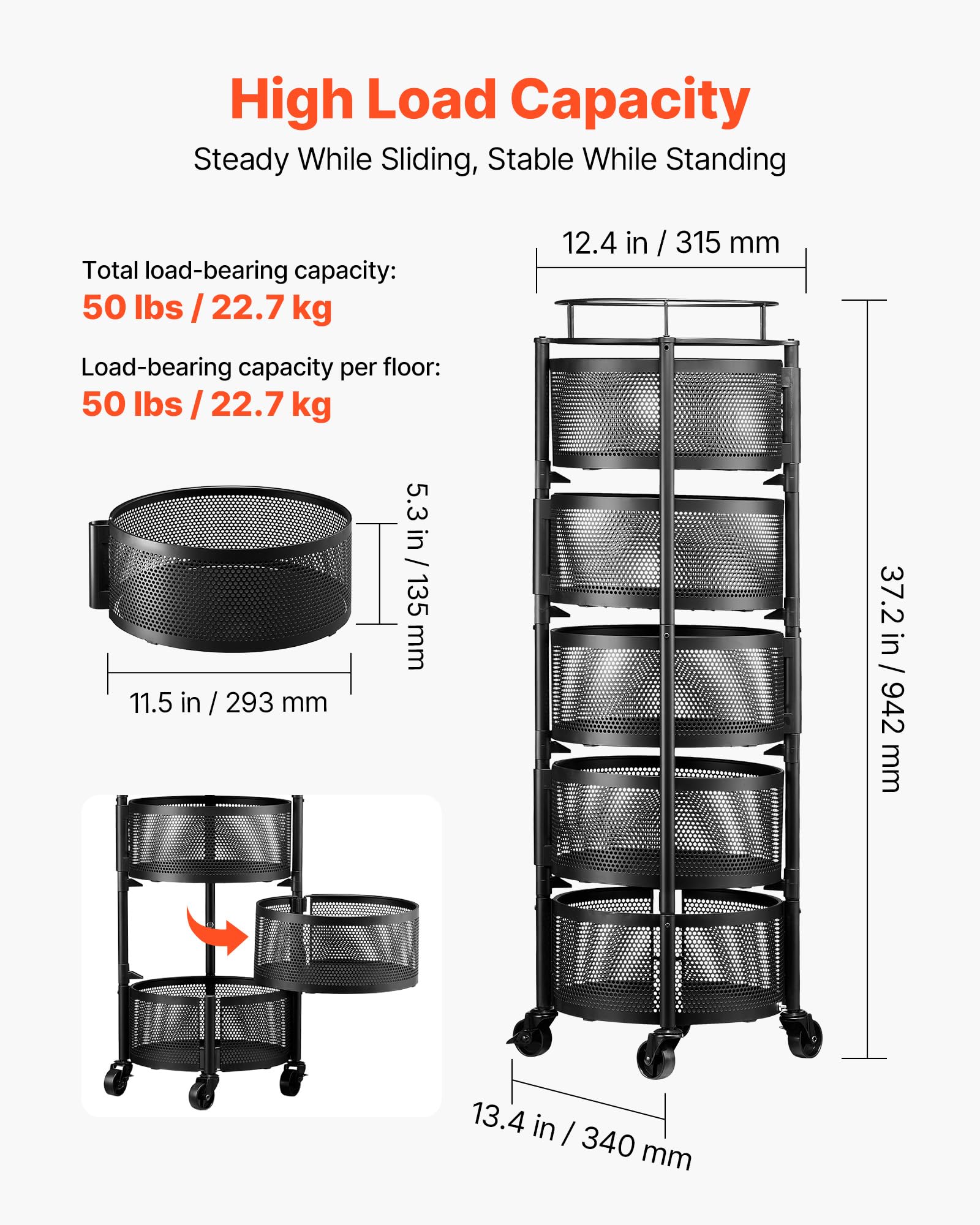 VEVOR Chariot de Rangement 5 Niveaux, Resserre à Paniers Rotatifs sur Roues, pour Fruits et Légumes Cuisine Salon Sallle de Bain, Desserte à roulettes en Fil Métallique, Étagère de Cuisine Rotative