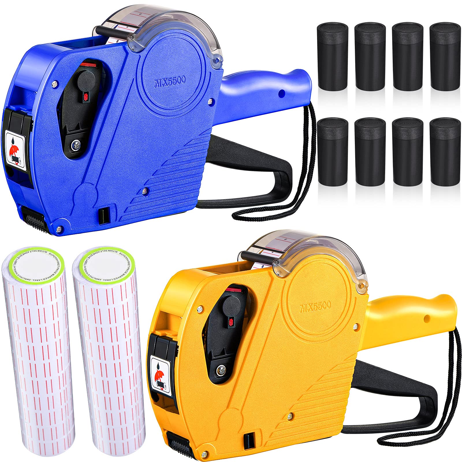 8010 Pieces Price Marking Labeler with Lid 8 Digits Single Line Label Marker Pricing Kit Organization Making Machine Price Label Sticker Roll Ink Refill Rollers for Office Retail Shop (Blue, Yellow)