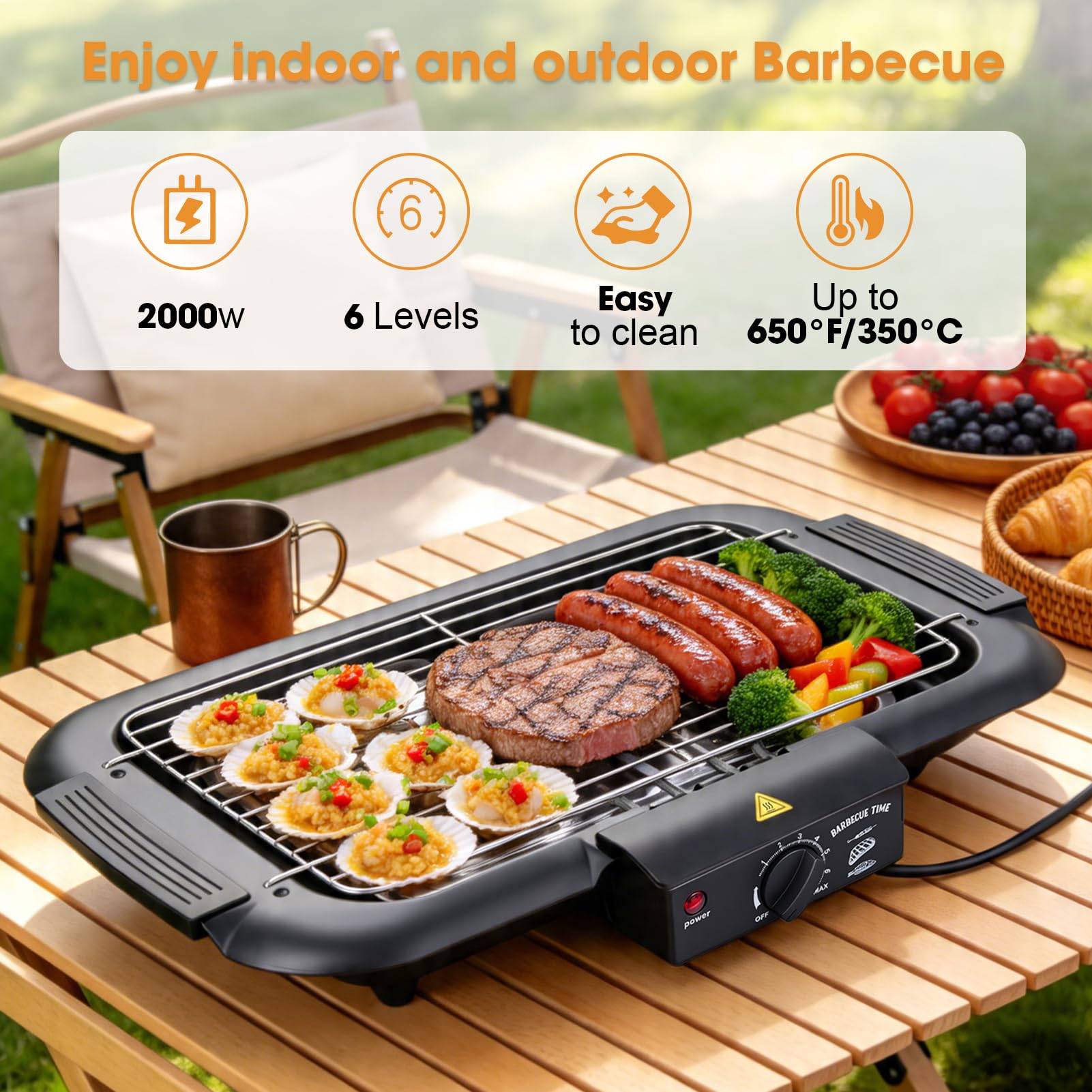 2000W Griglia Elettrica, 6 Livelli Controllo Temperatura Fino 350°C, Bassa Emissione Fumo Altezza Regolabile Barbecue Elettrico per Feste Giardino Campeggio Celebrazioni Familiari