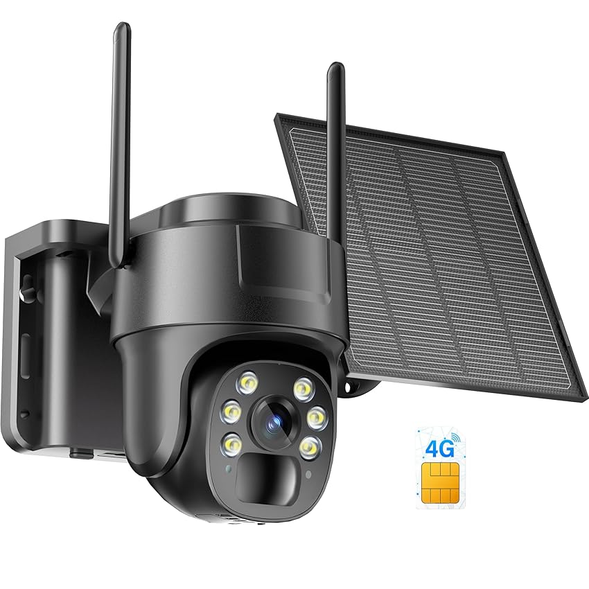 KKB Telecamera 4G LTE da Esterno con SIM Virtuale Integrata, 2K Telecamera Sorveglianza PTZ 360° Senza WiFi e Senza Fili con Pannello Solare, Visione Notturna a Colori, Rilevamento PIR, IP65