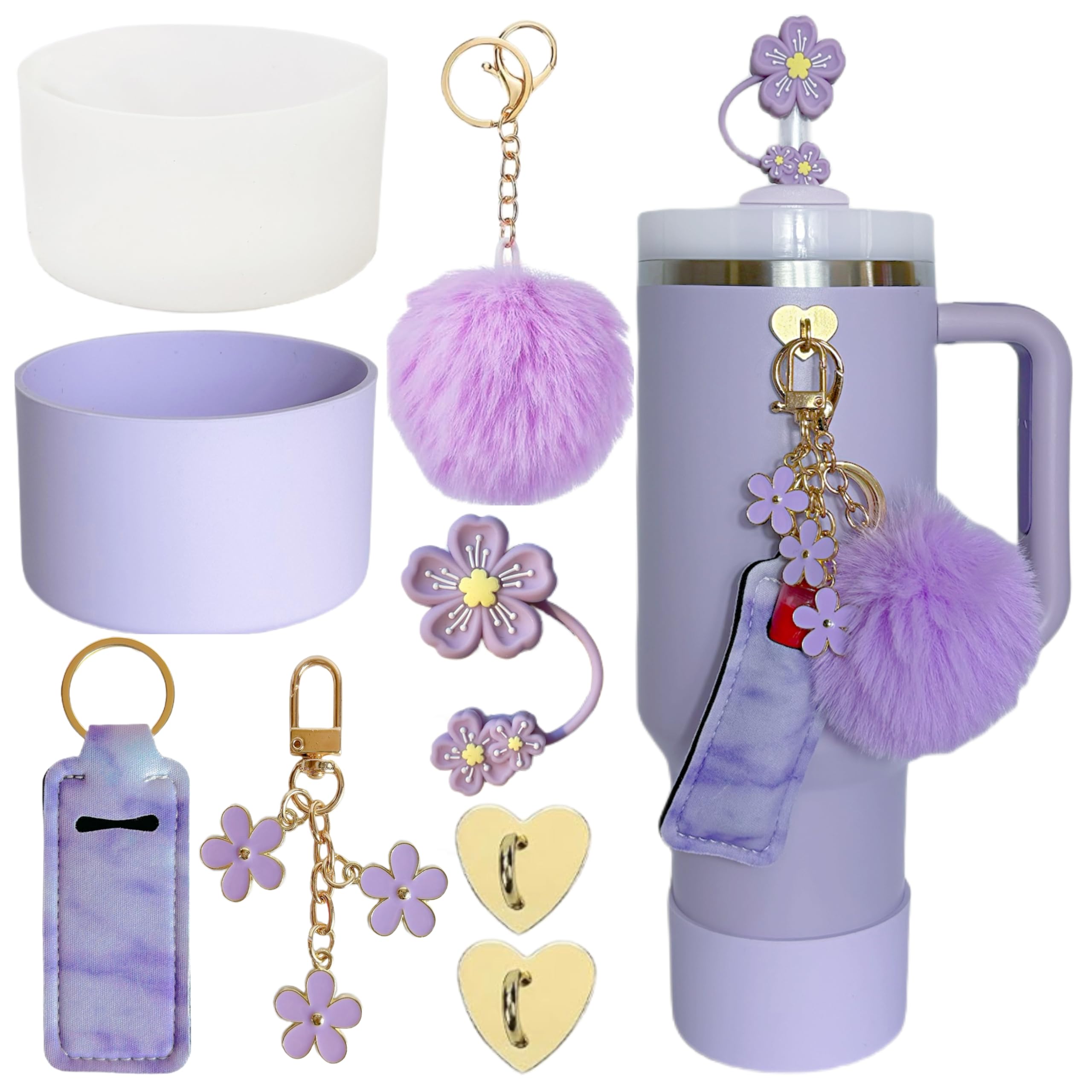 Accessories for Stanley Cup 40oz,2 Silicone Boots for Stanley Tumbler,1 Flower Straw Cover Topper,2 Charms Hooks,1 Lipstick Holder Bag,1 Pompom Ball,1 Cute Keychain Charms(Purple,Transparent)