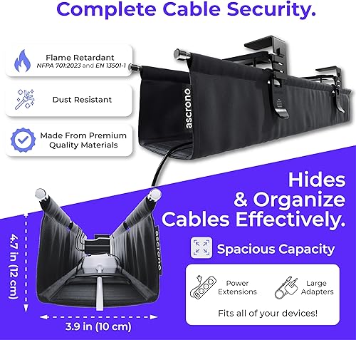 Miniatura 6 de Ascrono Bandeja de organización de cables original sin taladros debajo del escritorio, 27.3 pulgadas, organizador de cables de tela negra de alta