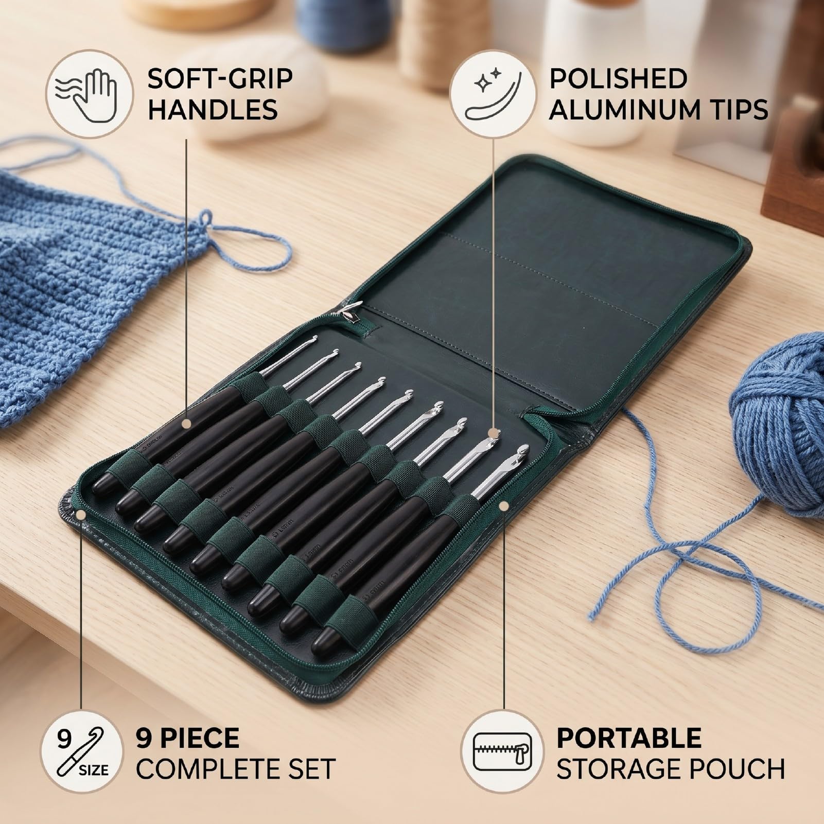 Oreilet Zestaw Ergonomicznych Szydełek, 9 szt., Przenośne Szydełko z torbą do Przechowywania, Aluminiowe Druty do Robienia na Drutach 3,5–8,0 Mm Szalika-kocyka