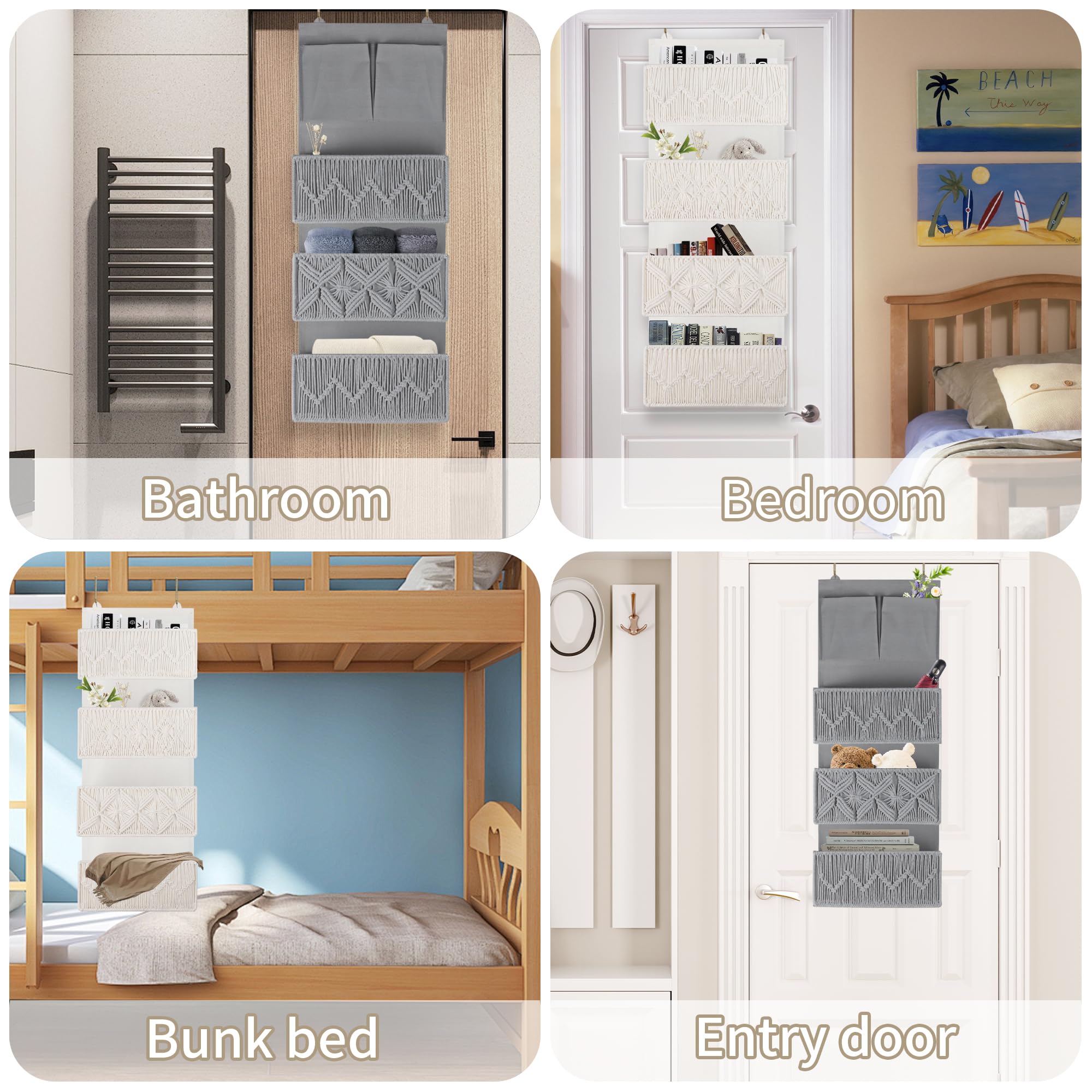 FEILANDUO Organizador para colgar sobre la puerta, macramé bohemio, decoración de almacenamiento, 4 bolsillos, cesta colgante de pared para baño, apartamentos, oficina, organizador detrás de la puerta