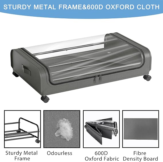 2 Pack Under Bed Storage with Wheels Lid 48L Rolling Metal Frame Underbed Containers Clear Window Storage Bag Box Organization Home Bedroom Organizer Drawer Bin for Clothes Shoes Toys Blankets Grey