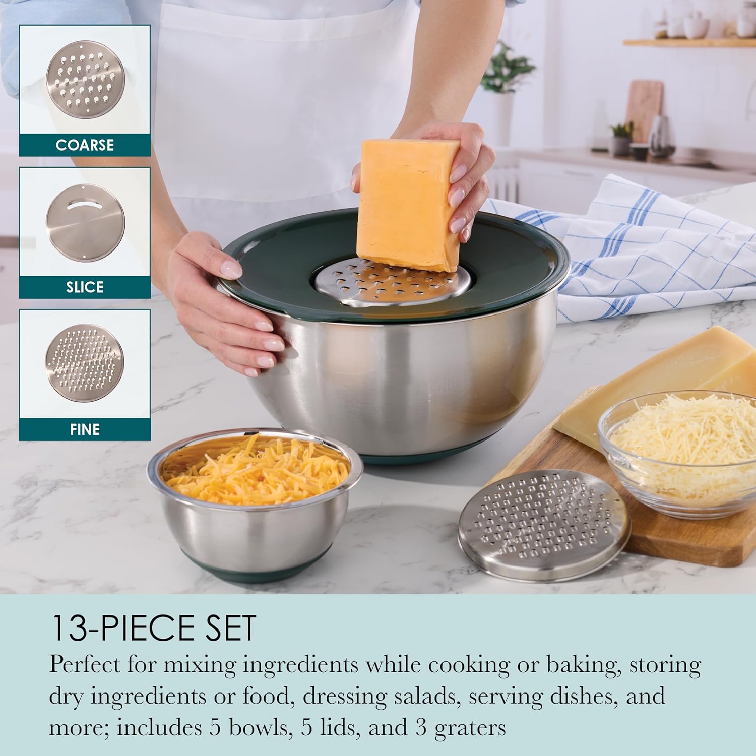 Chicago Metallic Stainless Steel Mixing Bowls with Grater Lids, Green Silicone Base, Convenient Nesting Design for Compact Storage