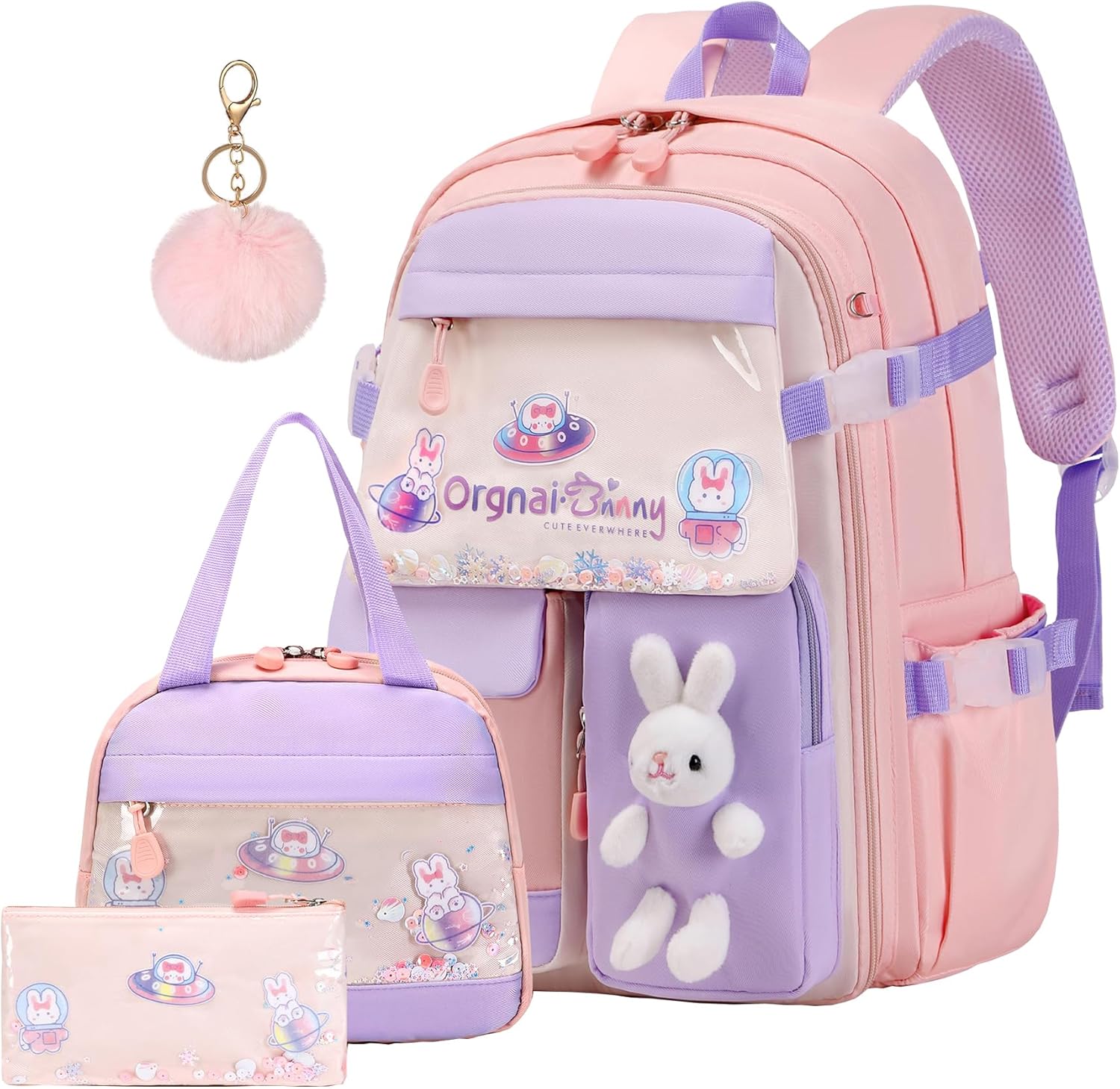 3pcs Girls Backpack With Lunch Box & Pencil Case,Cute Rabbit Kids School Backpack Set For Kindergarten & Elementary School (Style A Pink-16.5in)