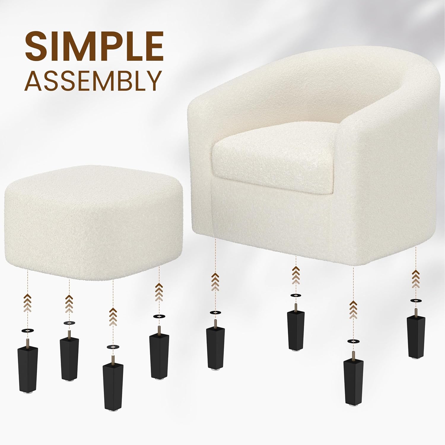 Yaheetech Accent Chair and Ottoman Set, Modern Fuzzy Sherpa Barrel Chair and Footrest, Comfy Boucle Armchair and Footstool for Living Room/Bedroom/Reading Room/Guestroom, Ivory