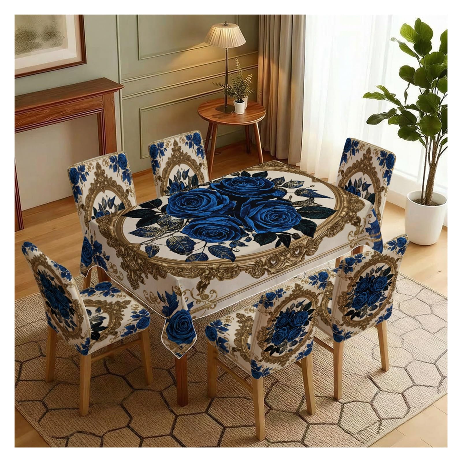 KXUAUV Stretch Dining Chair Slipcover & Tablecloth Set, Blue Rose Baroque Print, 5/7 Pack, Elegant Formal Dining Room Kitchen Home Decor Party Decor(7pcs Set: Tablecloth+Chair Covers)