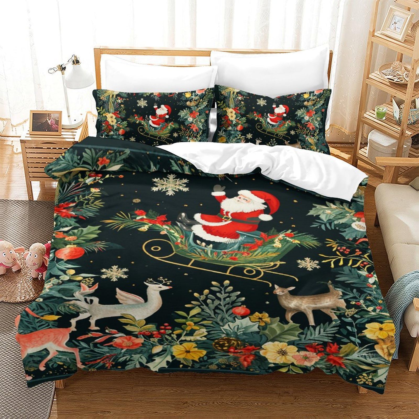 Housse de couette Père Noël 3D en microfibre 140x200cm pour lit simple