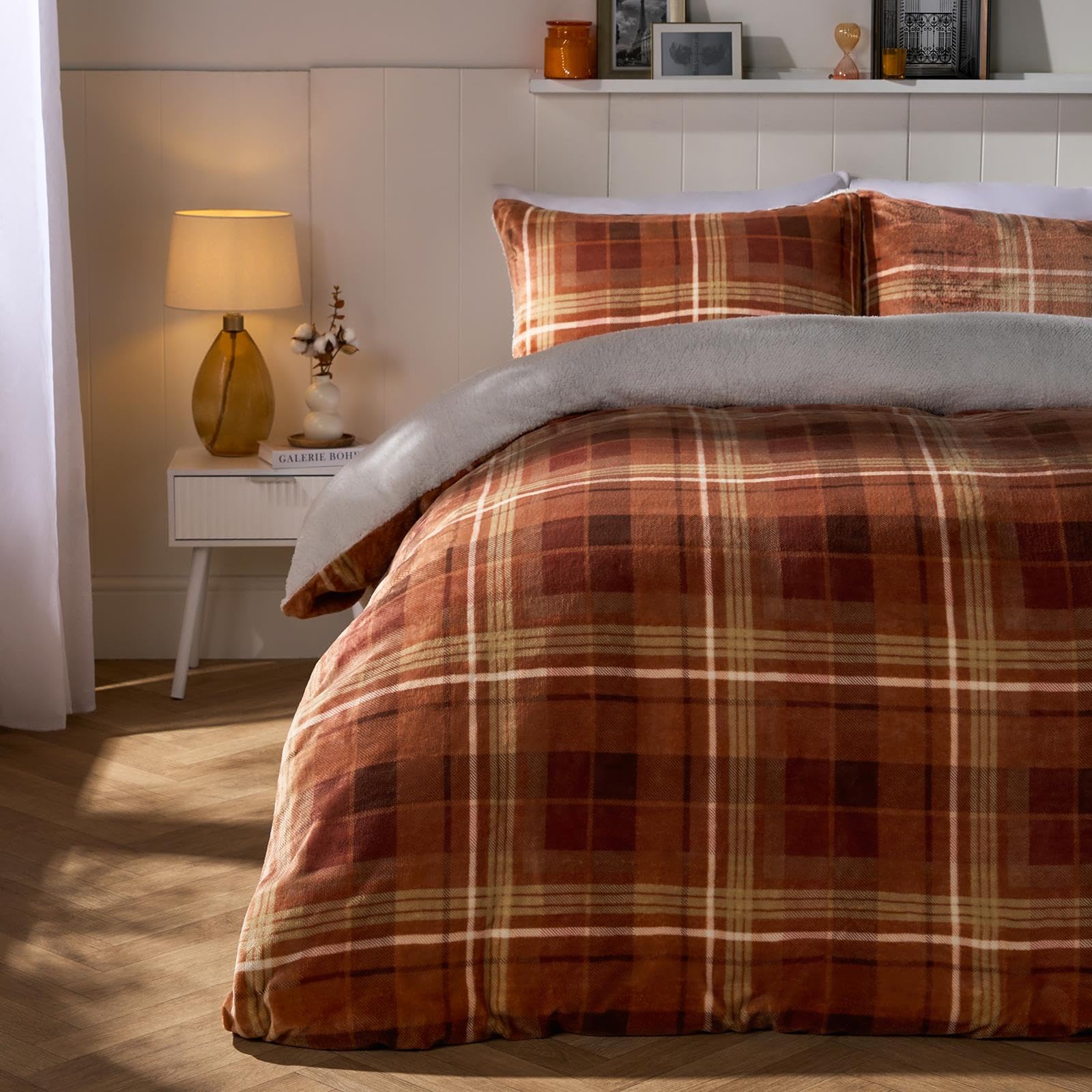 OHS Superking Fleece Duvet Set, Super Soft Warm Fleece Luxurious Autumn Check Superking Duvet Cover Set Cosy Winter Bedding with 2 Matching Pillowcases, Rust
