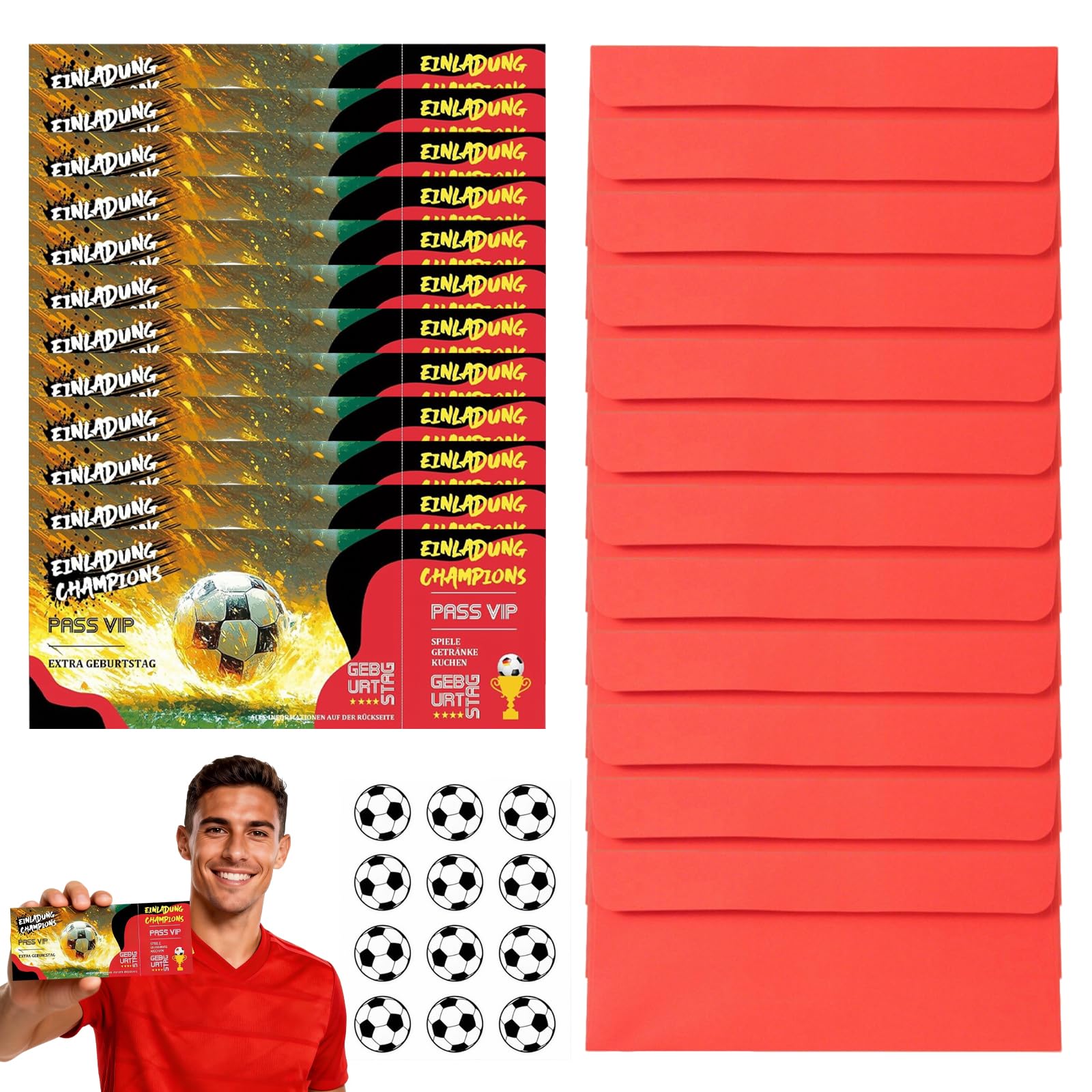 Biglietti Invito Compleanno Bambino Calcio 12 Pezzi con Buste Rosse e Adesivo Decorativo 18x7cm