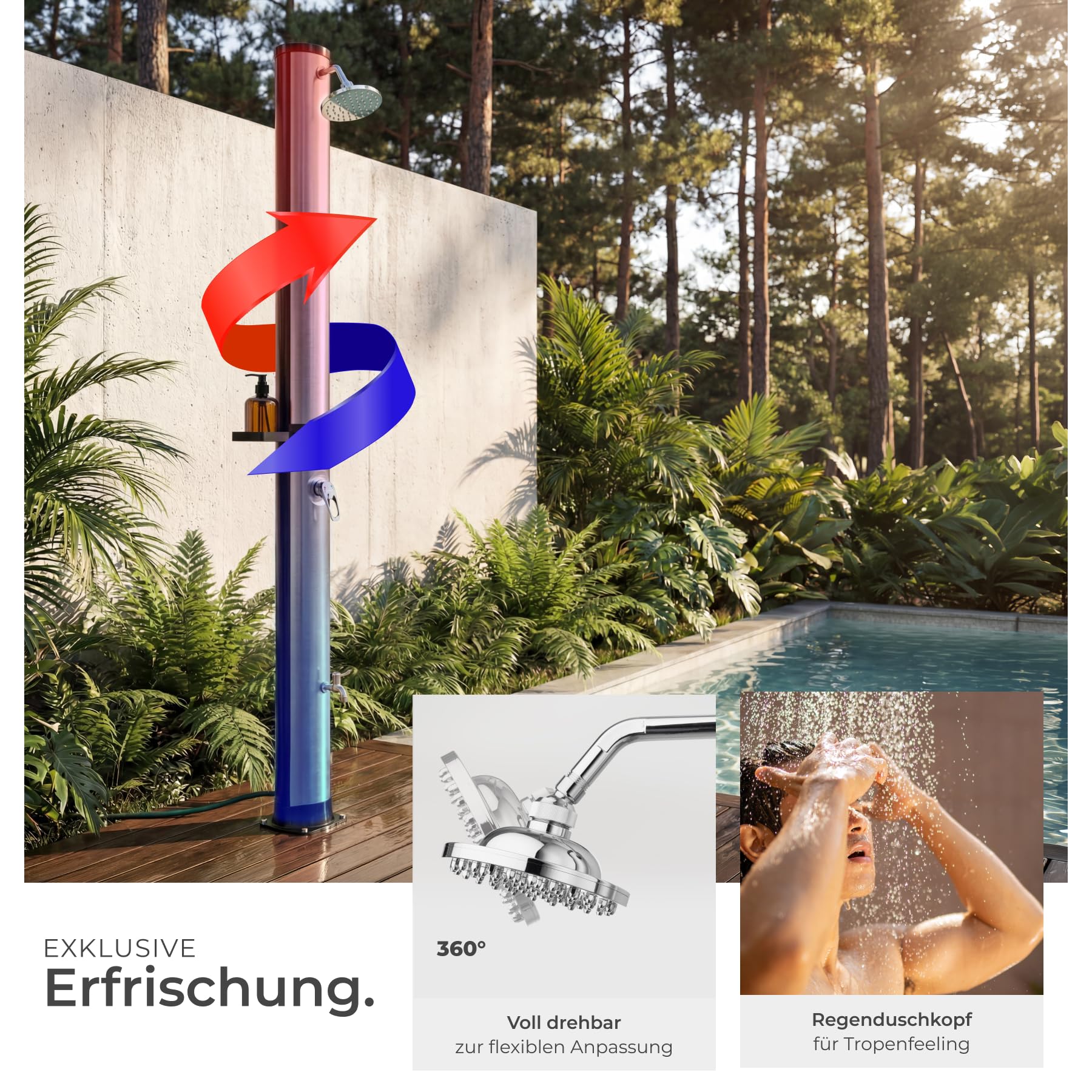 TecTake® Solardusche, 40 l, bis 60° C warmes Wasser, drehbarer Regenduschkopf, Gartenschlauch-Anschluss, Solar Dusche, Solar Duschen, Garten Solardusche, Camping Solardusche, schwarz/Silber