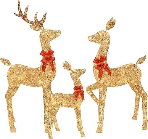 Miniatura 9 de HOYECHI Decoraciones navideñas grandes de 5 pies para exteriores, renos iluminados, juego de familia de ciervos 2D de 3 piezas con 160 luces LED