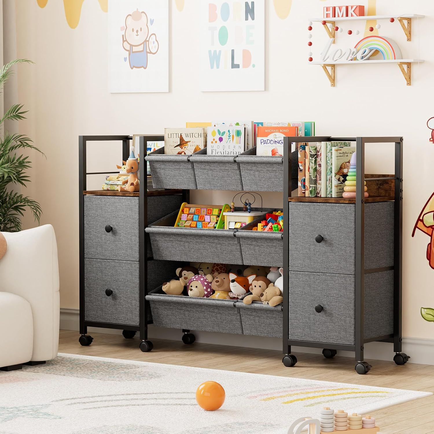 Kids Toy Organizers and Storage Bins - 7 Storage Bins + 4 Fabric Drawers + 2 Bookshelf, Playroom Storage, Mobile Cart Organizer for Toy, Clothes, Blankets and Books (Black)