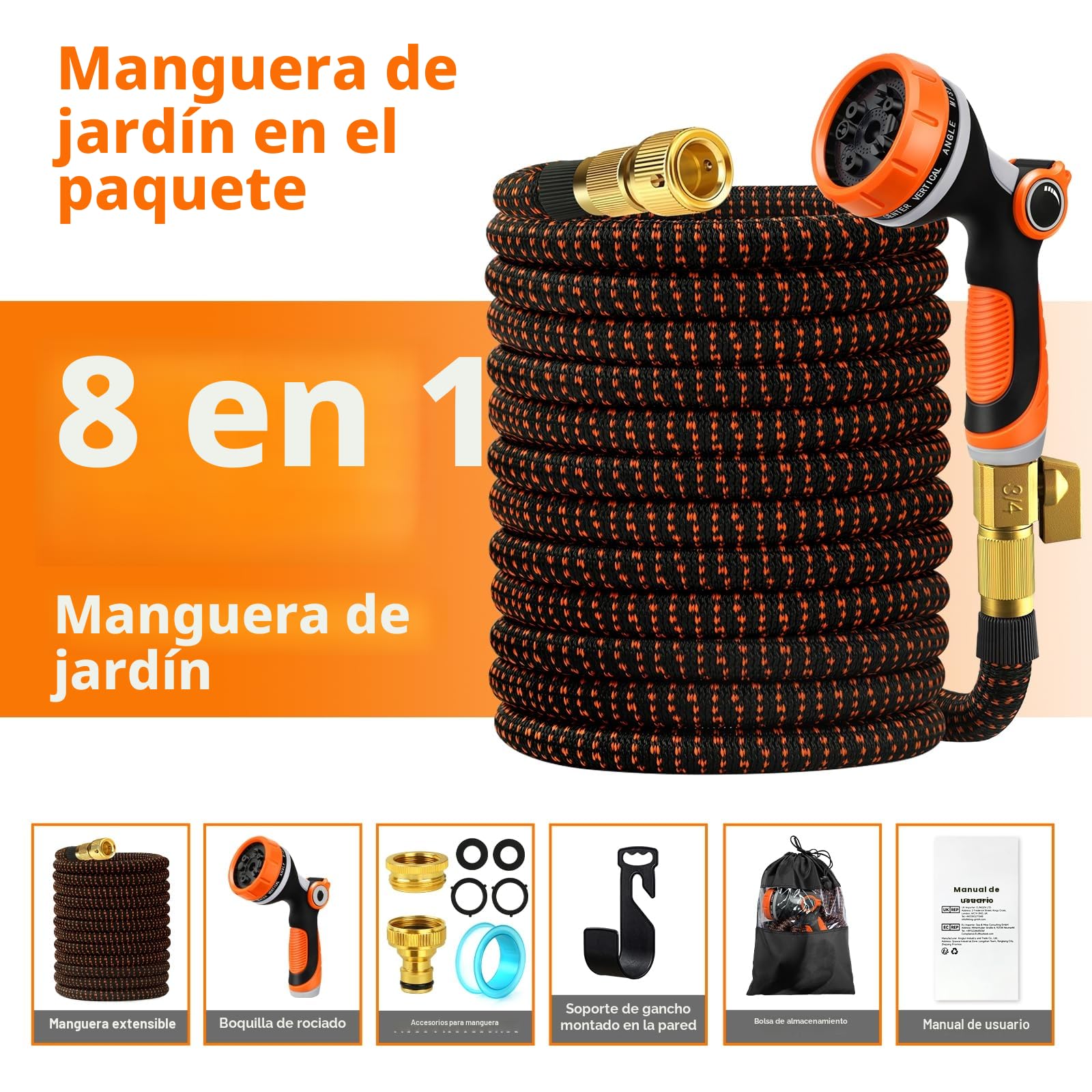 Edonkvi Manguera Jardin Extensible 15 Metros, Mangeras Jardineria Flexible con 10 Funciones Pistola, Boquilla Manguera Terraza Retractil Con 3/4" 1/2" Conector, Garden Hose Riego Conectores Accesorios