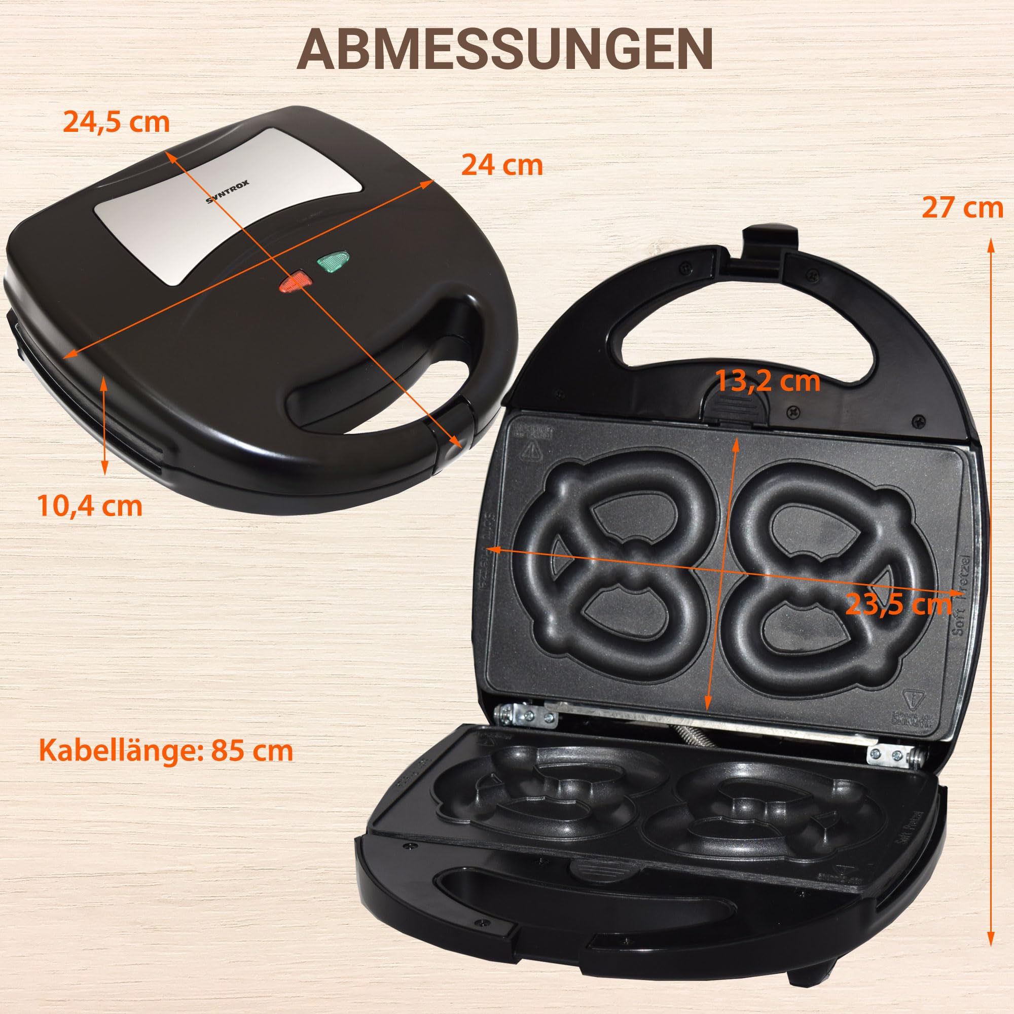 Syntrox Germany SM-1300W-Soft-Brezel Maker mit antihaftbeschichteten Wechselplatten für 2 große Brezeln