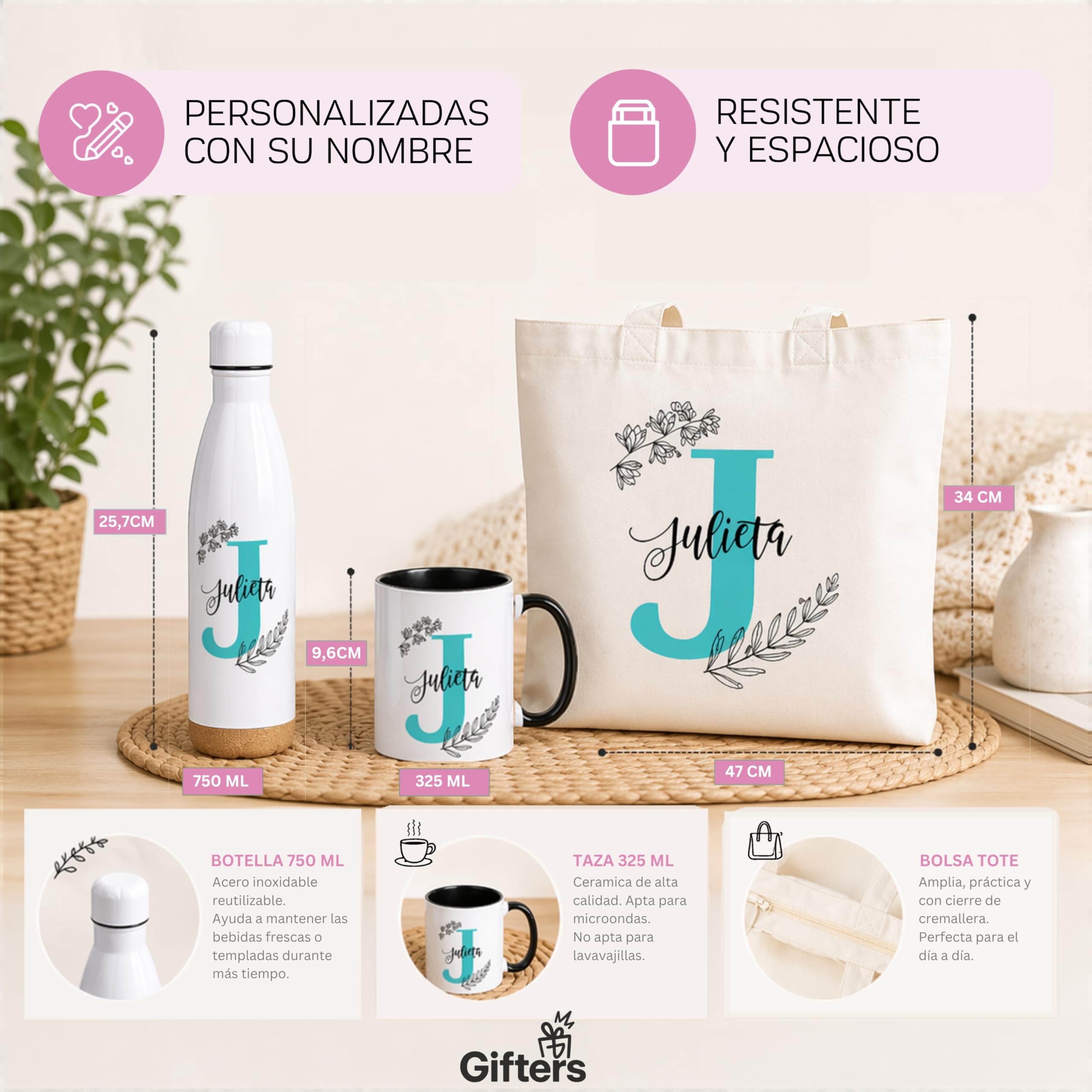 Gifters | Bolsa Tote, Taza 325ml y Botella Acero Inox 750ml | Diseño Floral con Inicial y Nombre | Shopper, Tote Bag con Cremallera | Pack Regalo Personalizado Original Mujer, Amiga, Niña o Madre