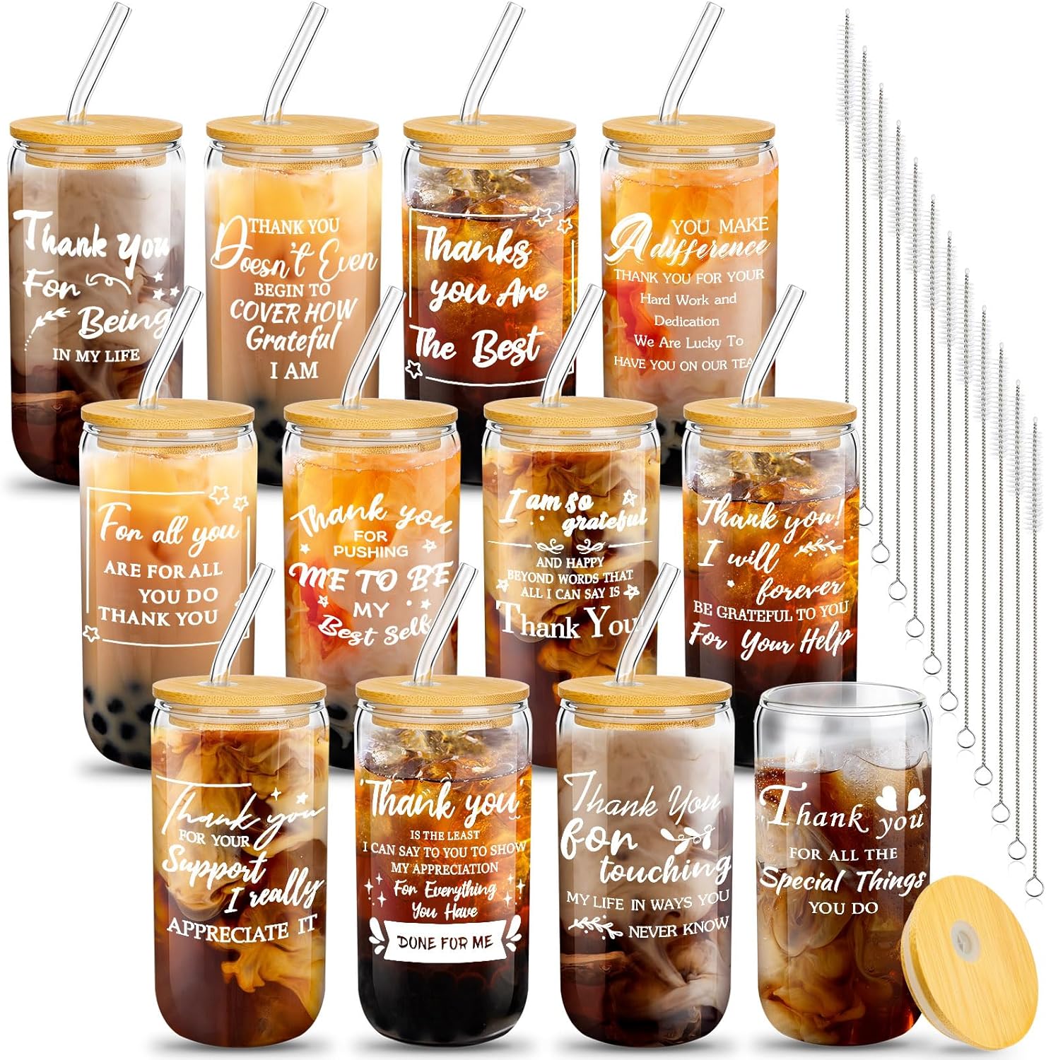 12 Set Employee Appreciation Gifts Christmas Appreciation Cups for Team Thank You Gifts Glass Cups for Staff Coworker 16 oz Can Shaped Beer Glass with Lids Straws Brushes(Grateful)