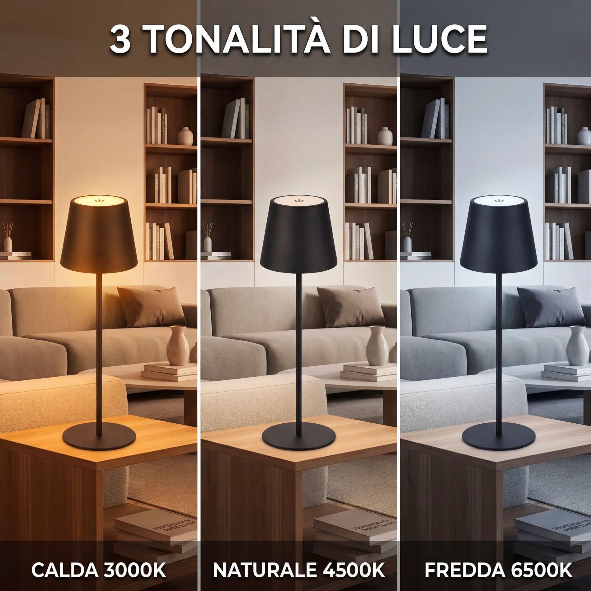 081 Store - 2 PEZZI LAMPADA DA TAVOLO SENZA FILI RICARICABILE, LAMPADA DA TAVOLO LED DIMMERABILE E CON 3 TONALITà DI LUCE, DIMMERABILE 3000-65000K ED IMPERMEABILE IP54