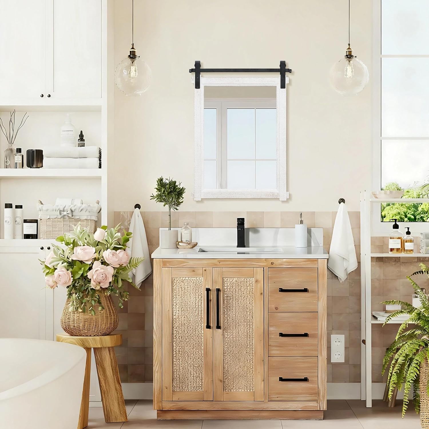 Besdomus Farmhouse Bathroom Wall Mirror: 22"x30" White Barn Door Solid Cedar Wood Frame Vanity Mirror - Rustic Bathroom Over Sink/Living Room/Hallway - Modern Rustic Decor for Housewife