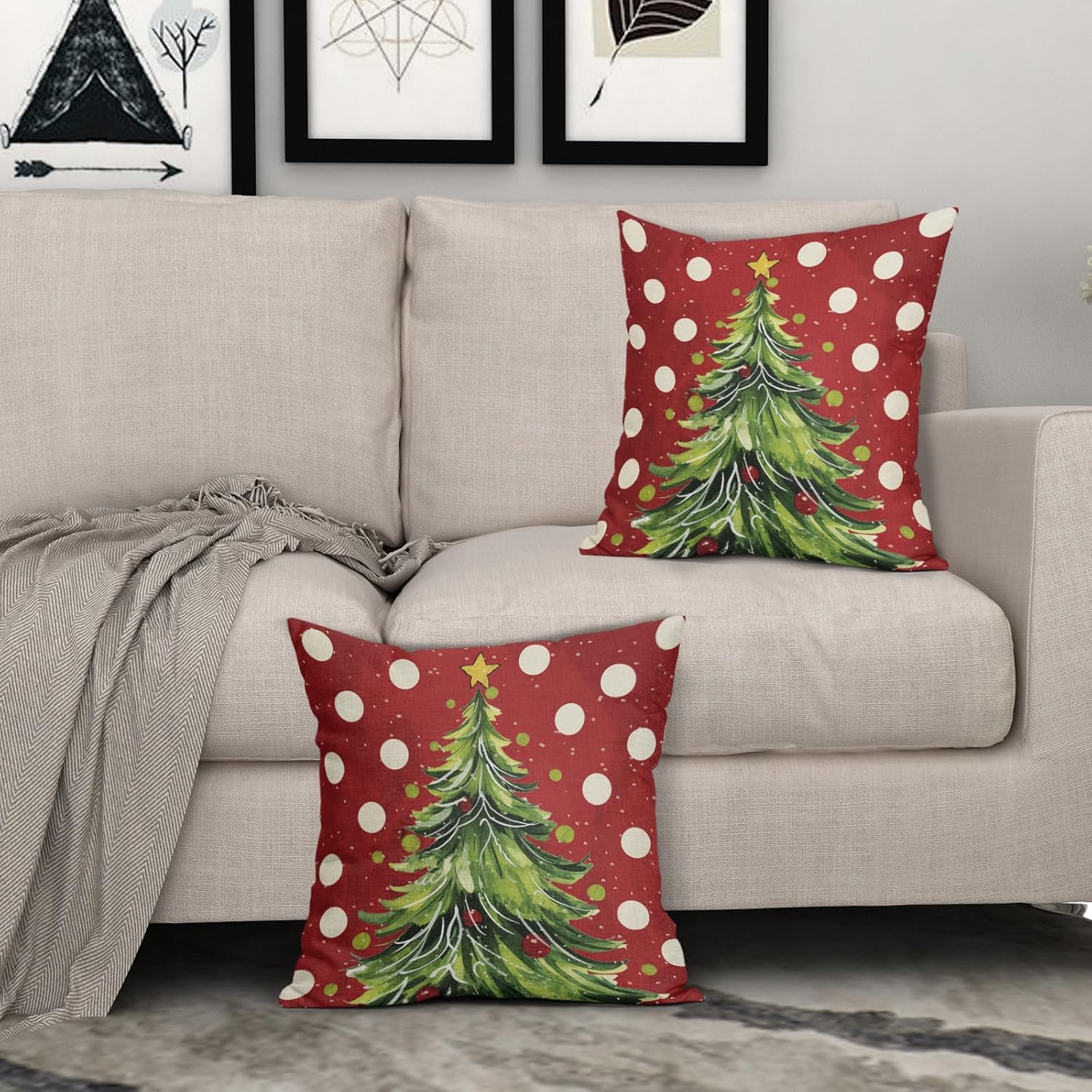 Red Christmas Pillow Covers 24x24 Set of 2 Watercolor Green Xmas Tree Dots Print Winter Holiday Decorative Throw Pillowcases Outdoor Farmhouse Decorations Square Cushion Cases Sofa Bed Couch Decor