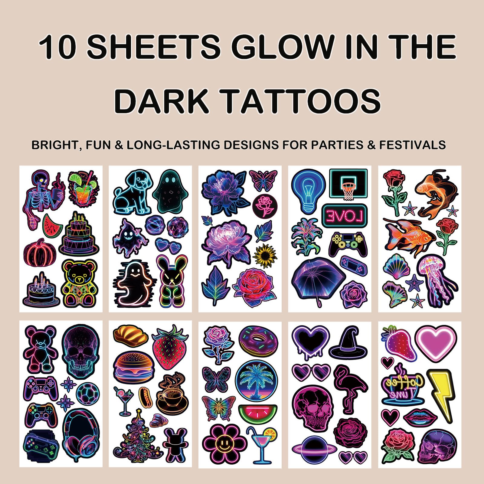Glow In The Dark Temporary Tattoos Stickers 10 Sheets - Image 2