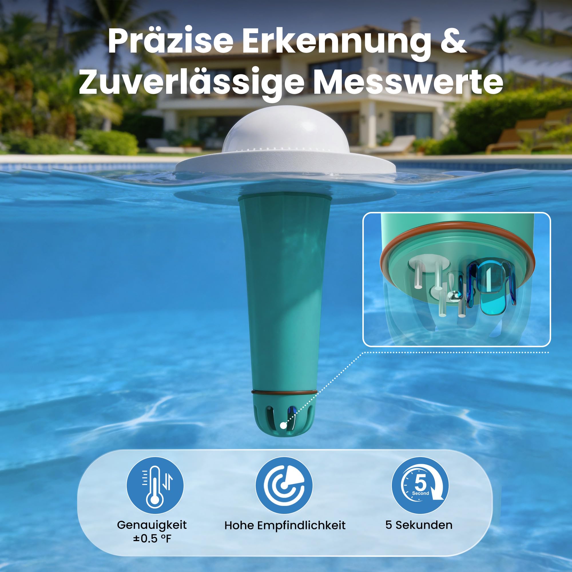 Intelligenter 7-in-1 Pooltester mit App-Steuerung, Digitaler Pool Messgerät für pH, Chlor, TDS, EC, ORP, Salz, Temperatur, IP68 wasserdichtes Wassertester für Pools, Whirlpools, Spas, Schwimmbad