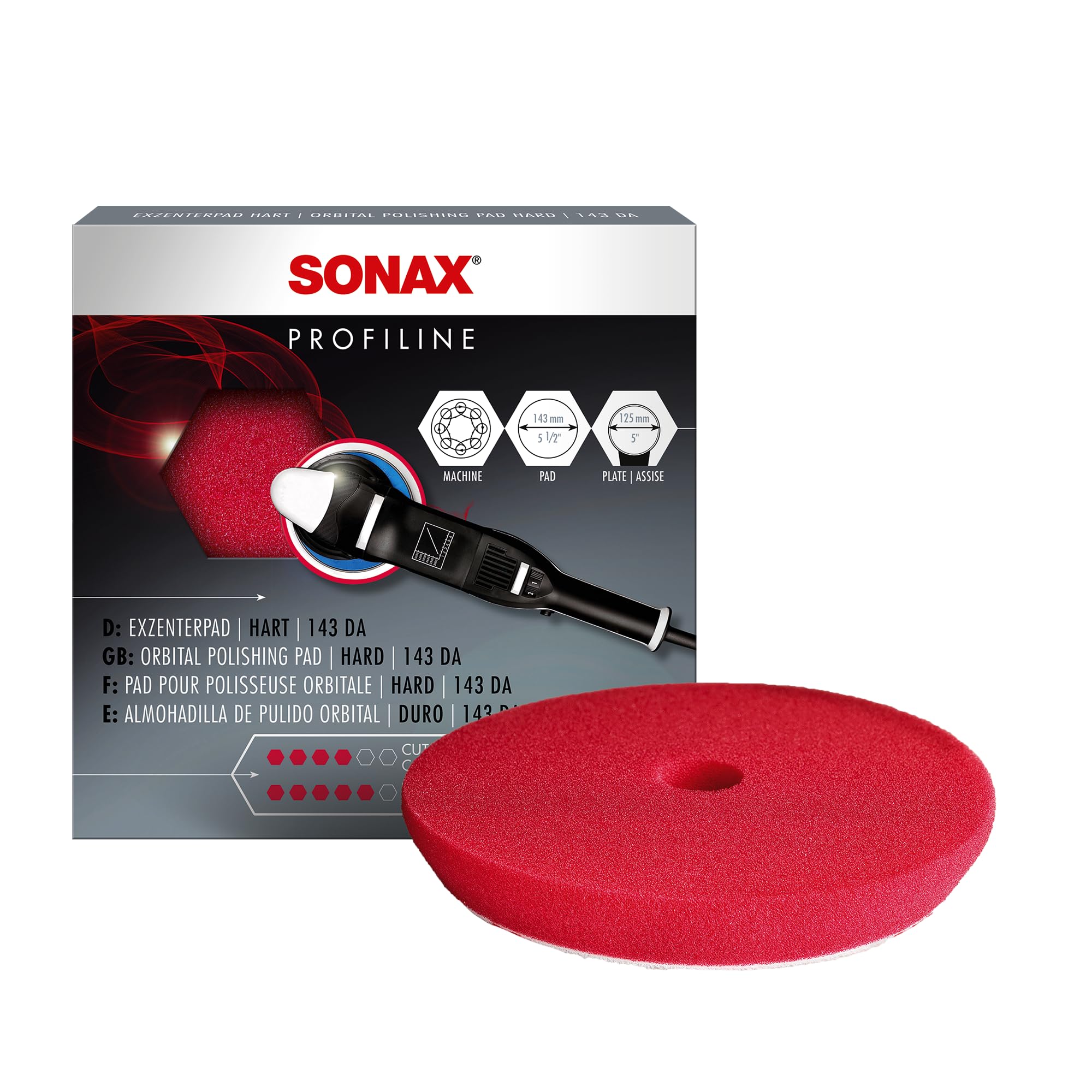 SONAX Red Dual Action Hard Cutting Pad | Made for Heavy Cut Polishing | Removes Scratches, Oxidation & Weathered Paint | Open-Cell Design for Cool Operation | Hook & Loop Backing | 493400 | 5.5 Inch