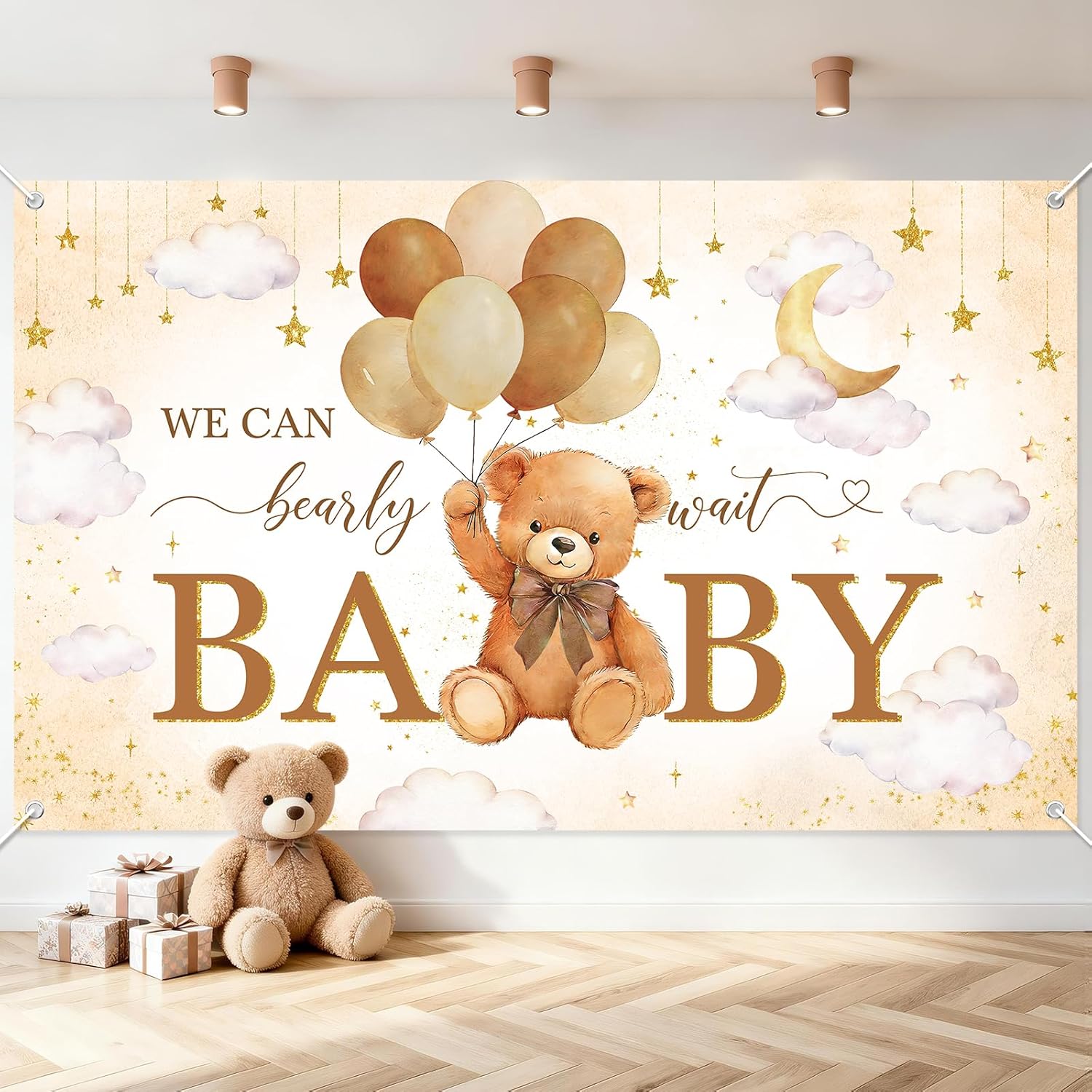 Avezano We Can Bearly Wait Banner Bear Baby Shower Decorations Bear Baby Shower Backdrop Teddy Bear Baby Shower Banner for Boys Girls (Brown, 6 x 3.6 ft)
