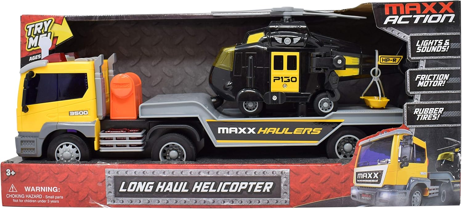 Sunny Days Entertainment Semi Truck Helicopter Carrier Transport – Lights and Sounds Toy Vehicle with Friction Motor | Realistic Truck and Trailer for Kids – Maxx Action