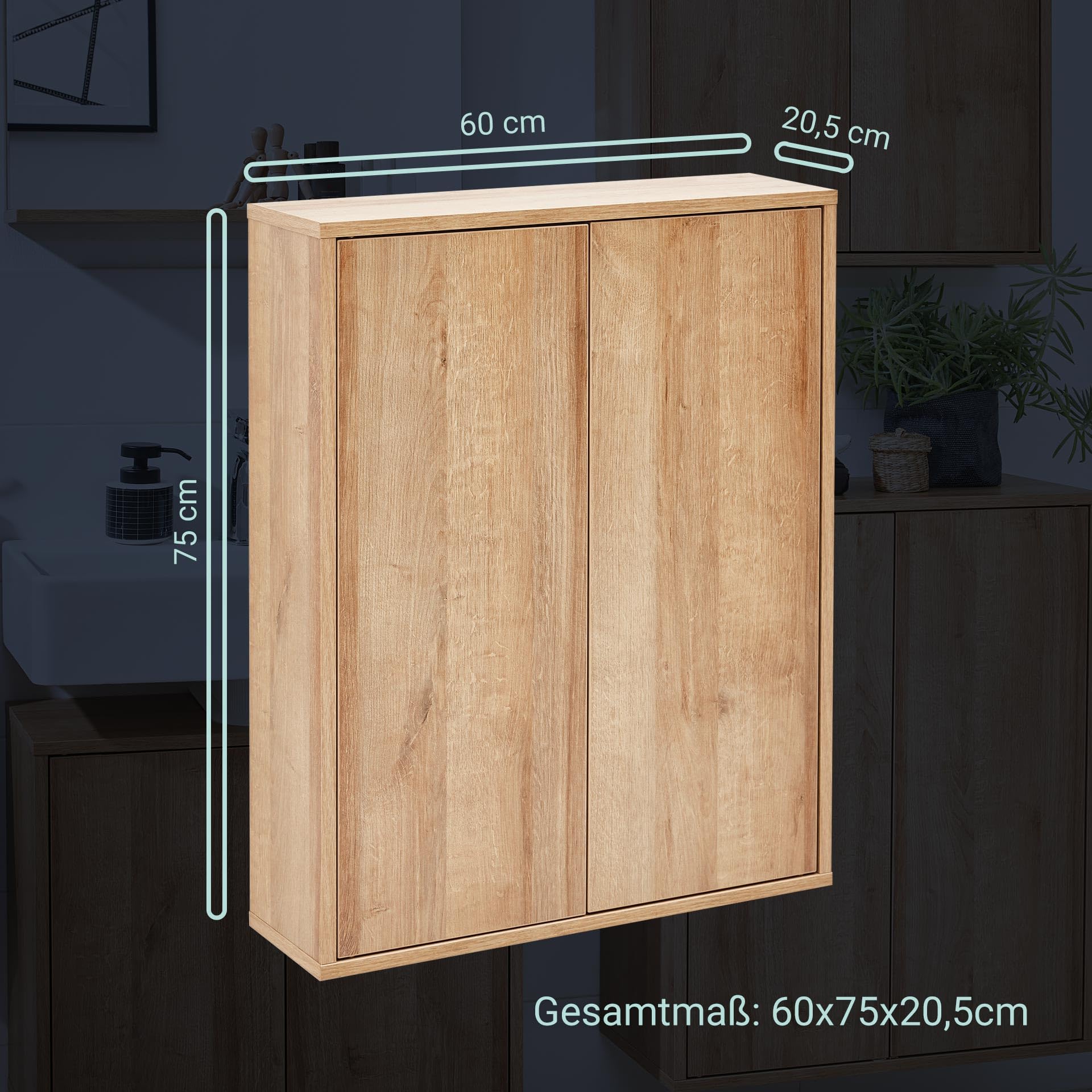 BadeDu Minho Hängeschrank – 60 cm in AST-Eiche Optik, Moderner skandinavischer Stil, 2 Türen mit 2 Glaseinlegeböden, Made in Germany