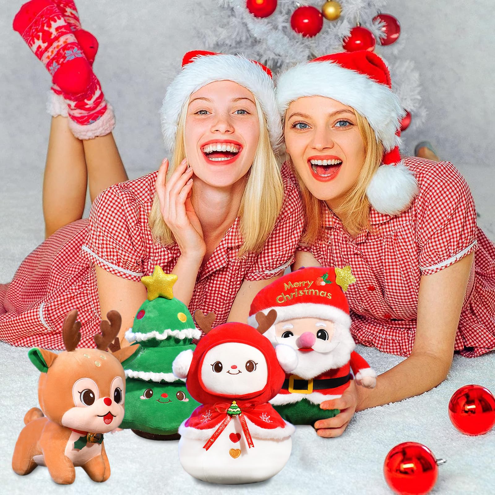 2PCS Peluche Di Natale,Peluche Babbo Natale,Renna Natalizia,Figurine Di
